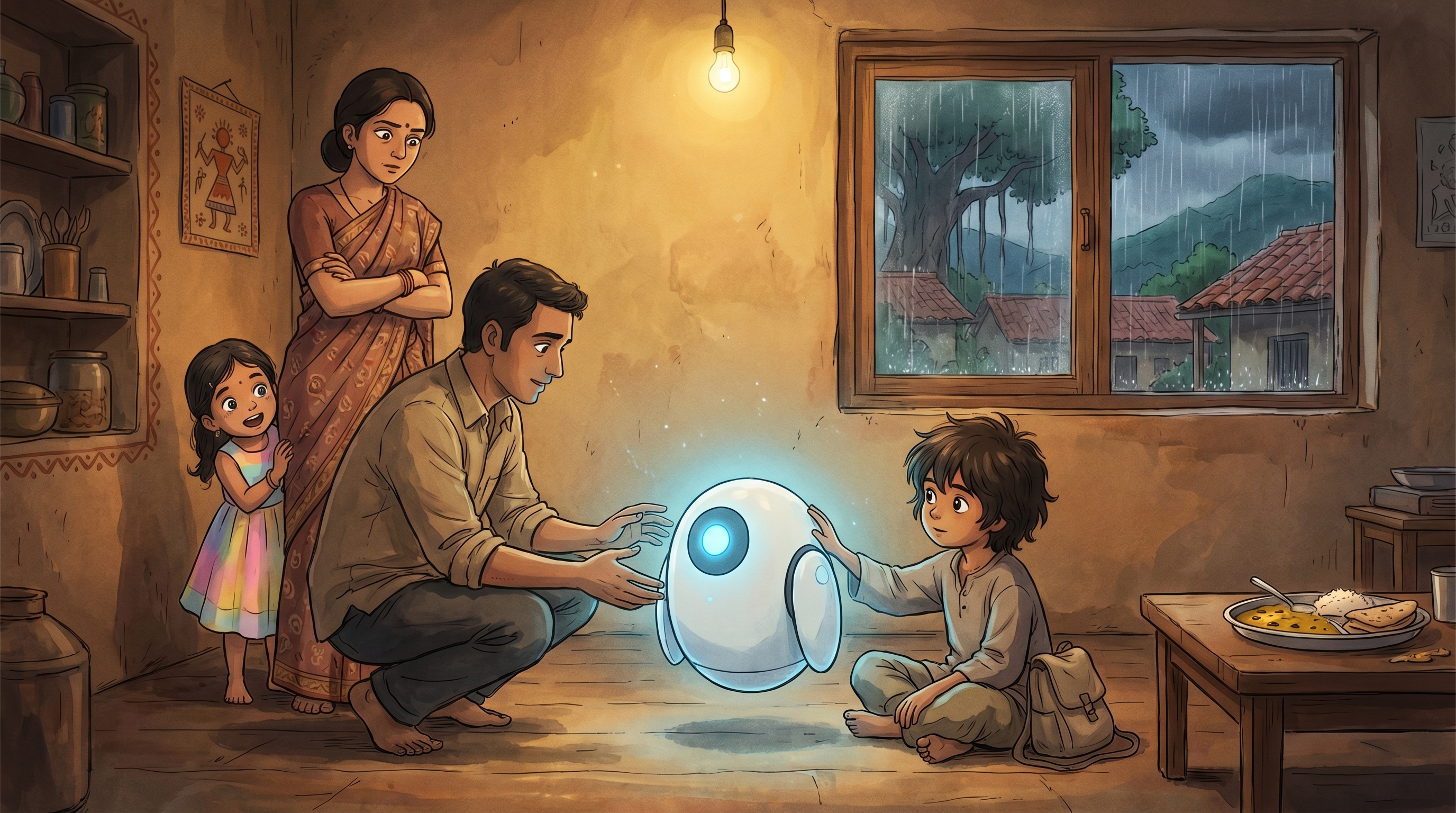 Milo's family gathered around Spark on the living room floor, lit by its blue glow.