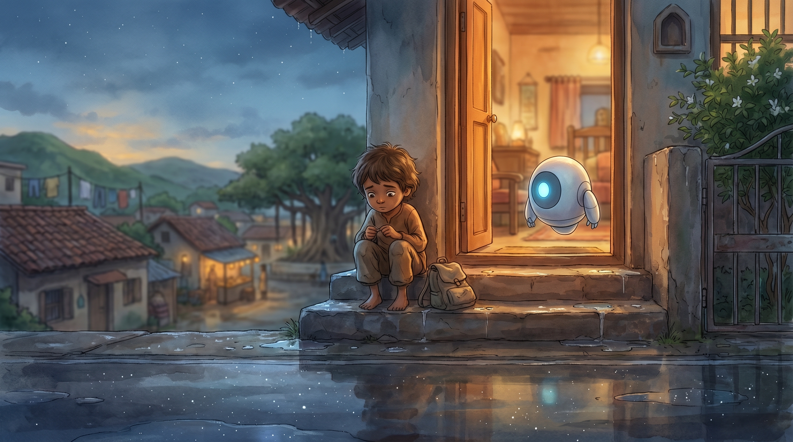 Milo sits alone on the doorstep at night, Spark's blue light watching from the doorway.