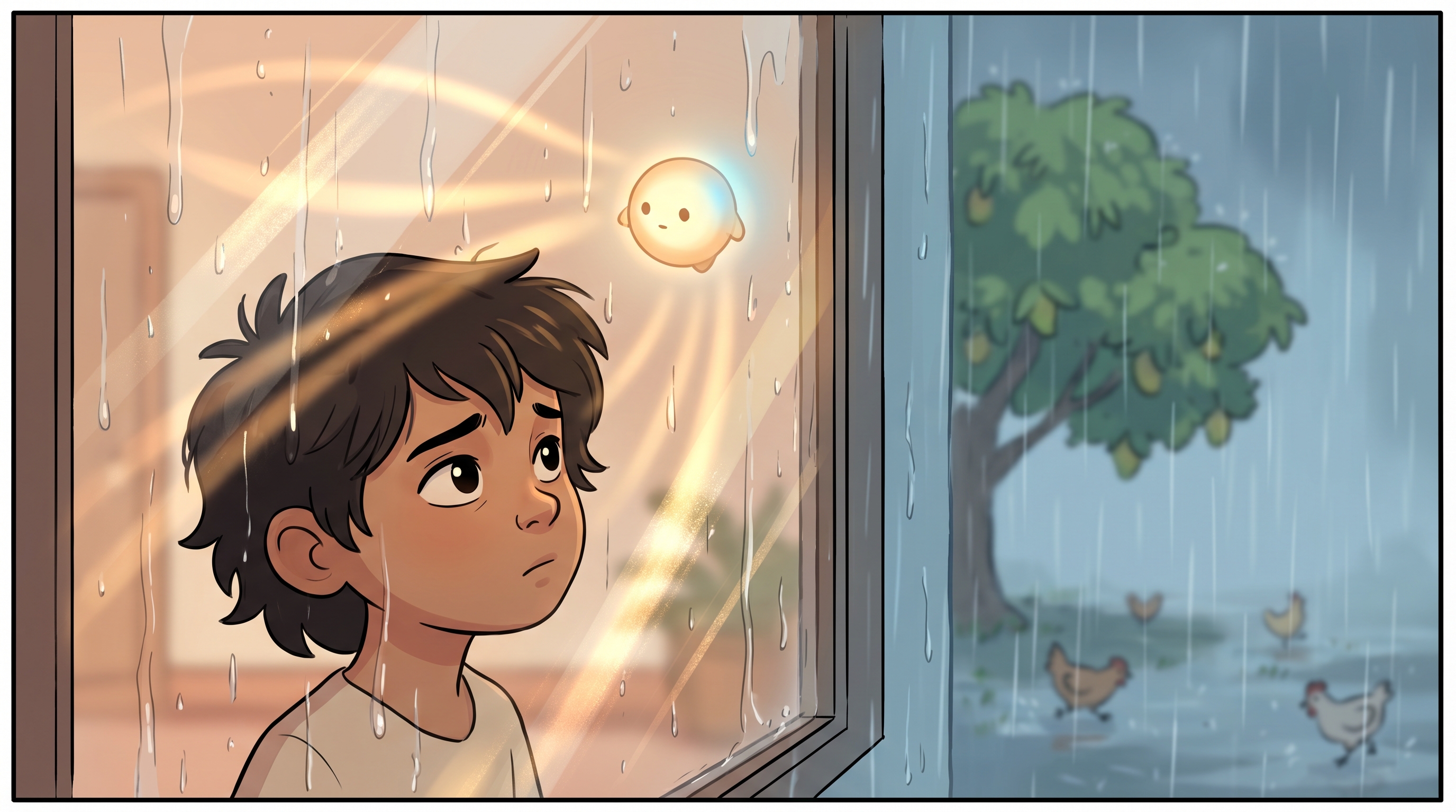 Milo pressing their nose against the rain-streaked window