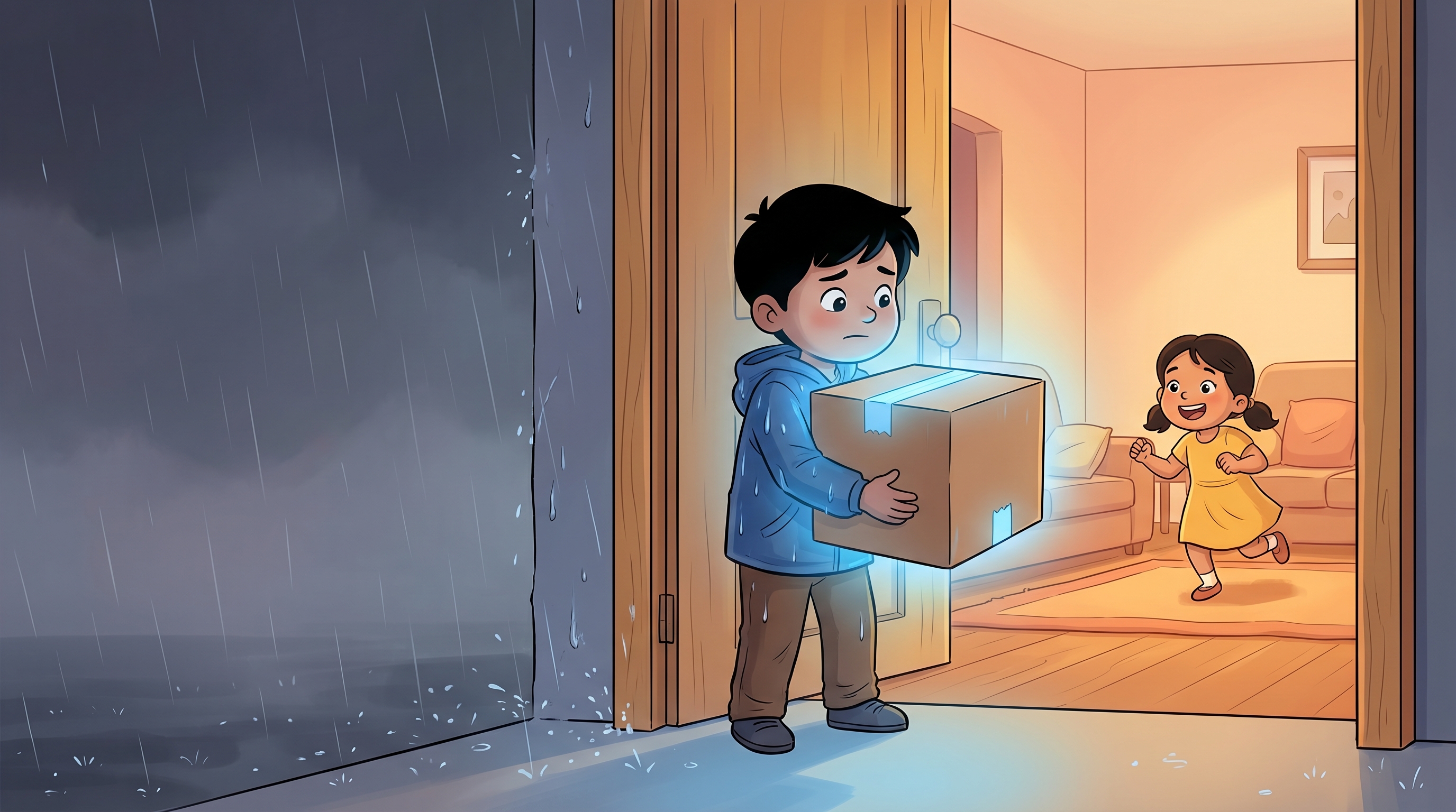 Milo carrying the glowing box inside