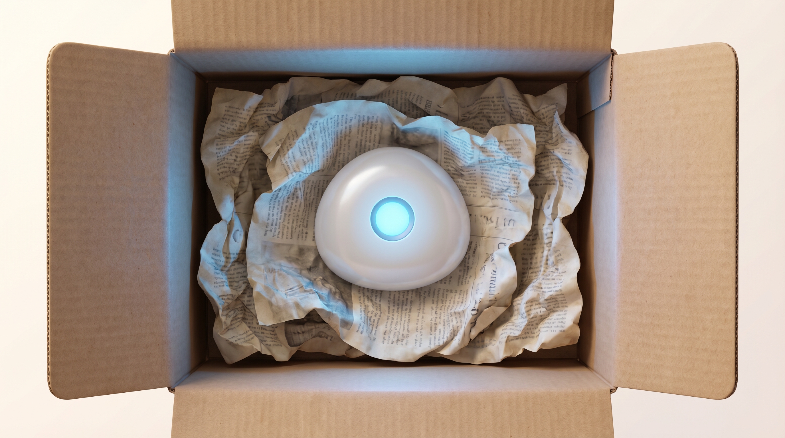 Spark revealed inside the box — a smooth white robot with a single blue light
