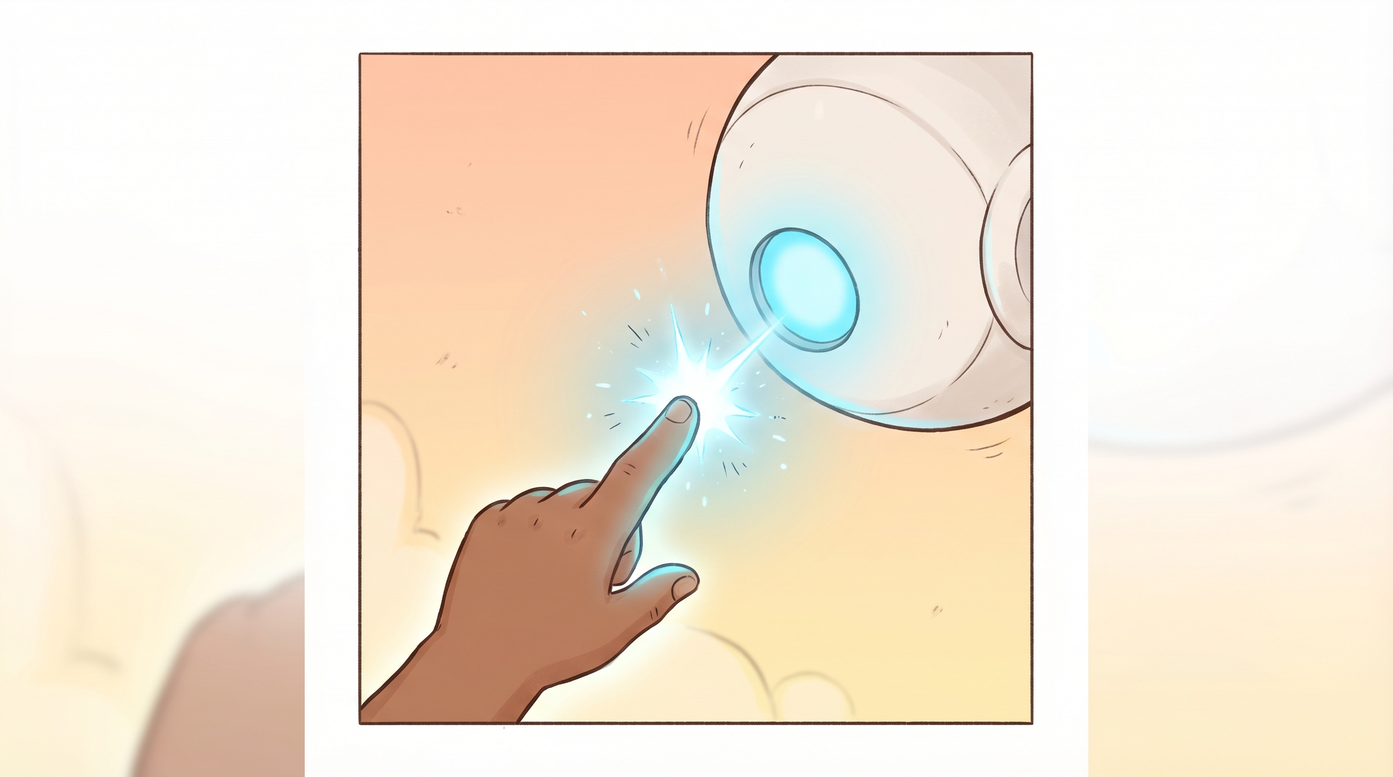 Milo's finger reaching out to touch Spark for the first time