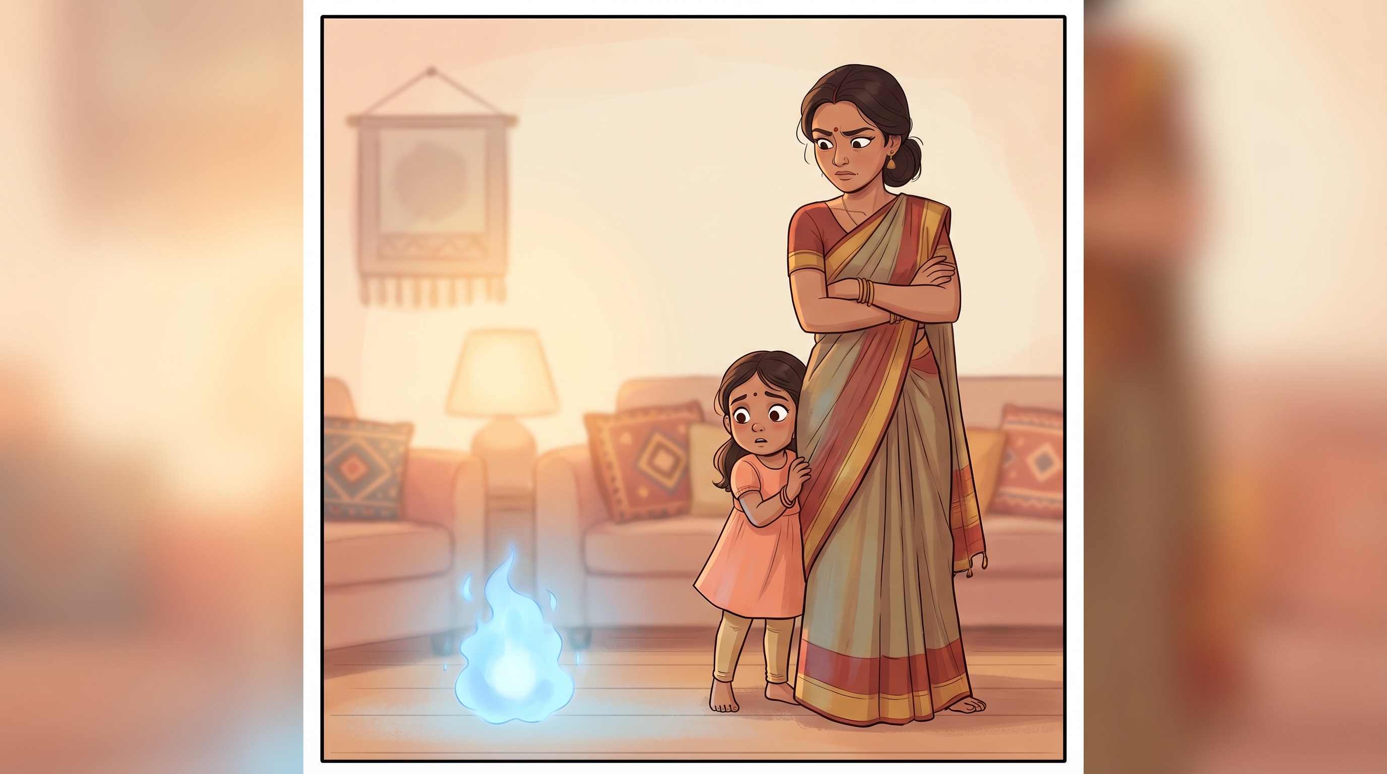Tara hiding behind Amma, peeking out with wide eyes