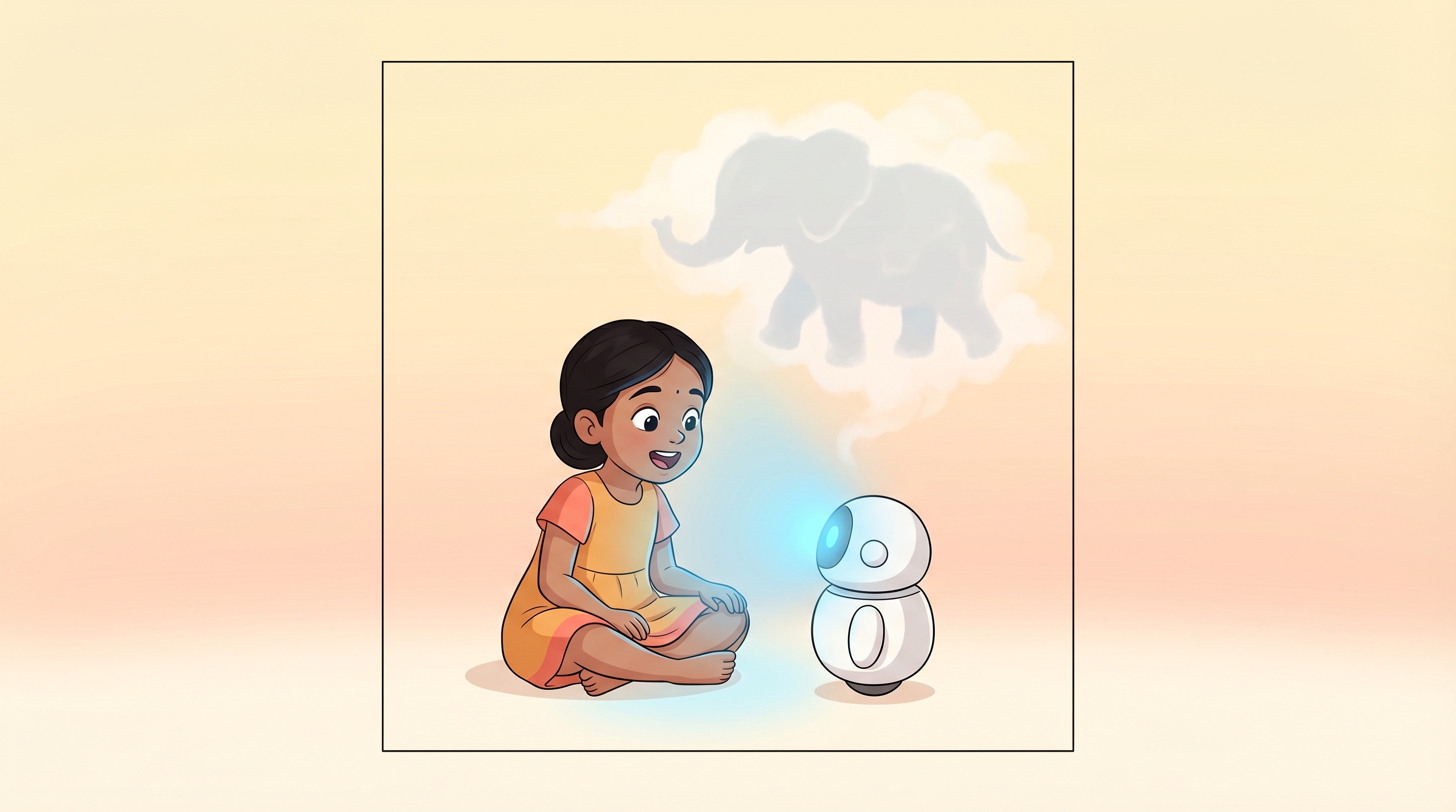 Tara listening to Spark's story, mouth open in wonder, a dream-elephant visible above
