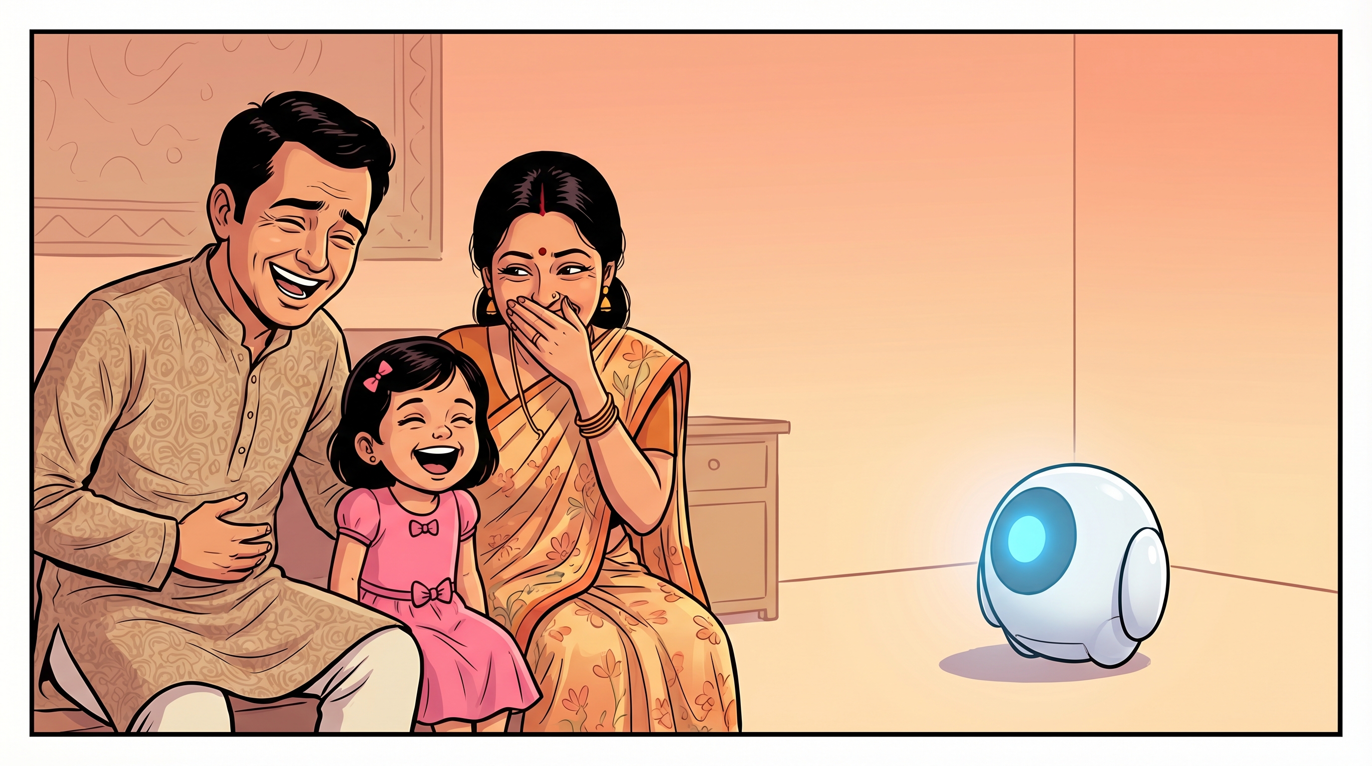 The whole family laughing at the joke while Spark sits perfectly still
