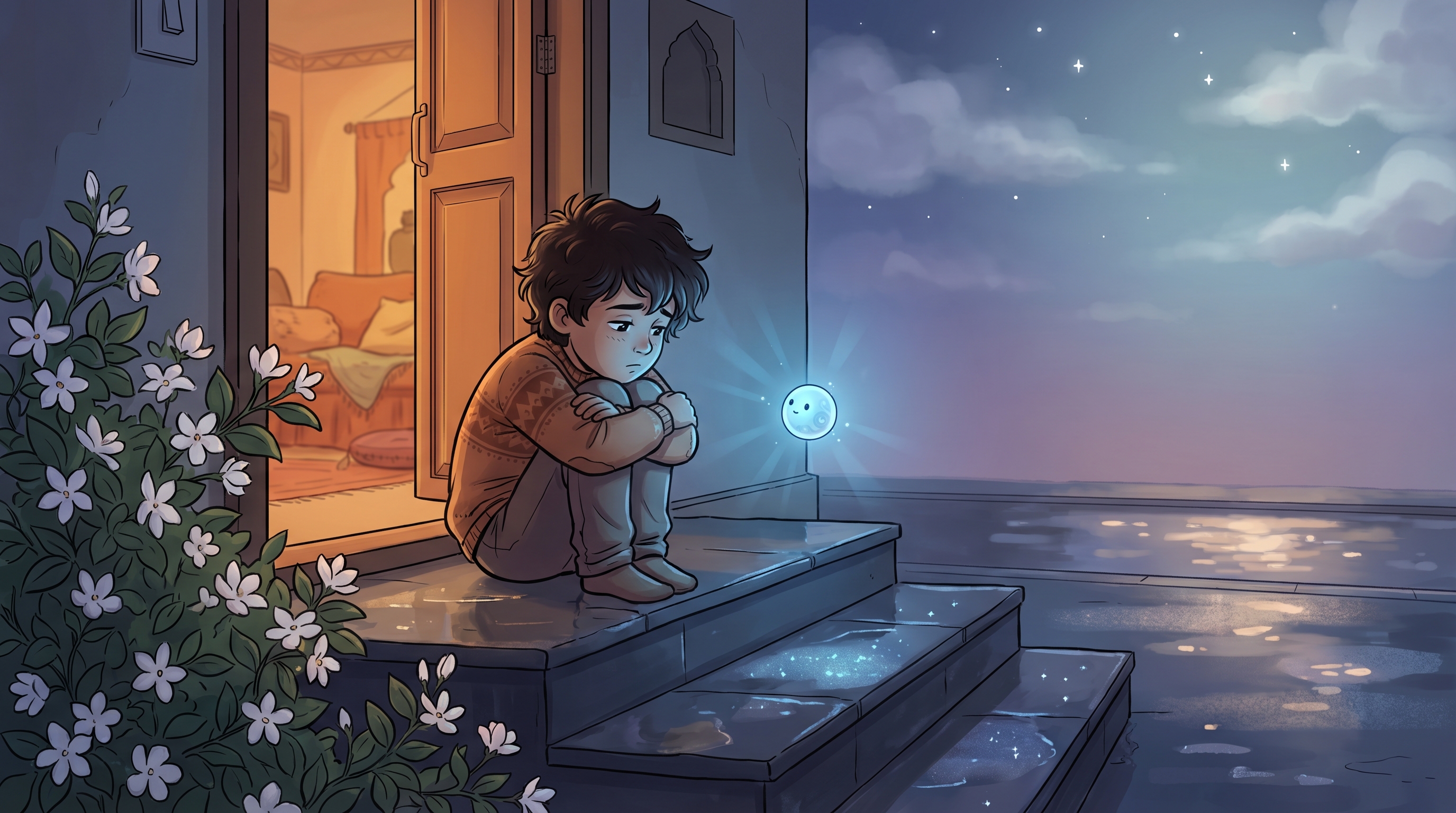 Milo sitting on the wet steps under clearing skies, stars appearing