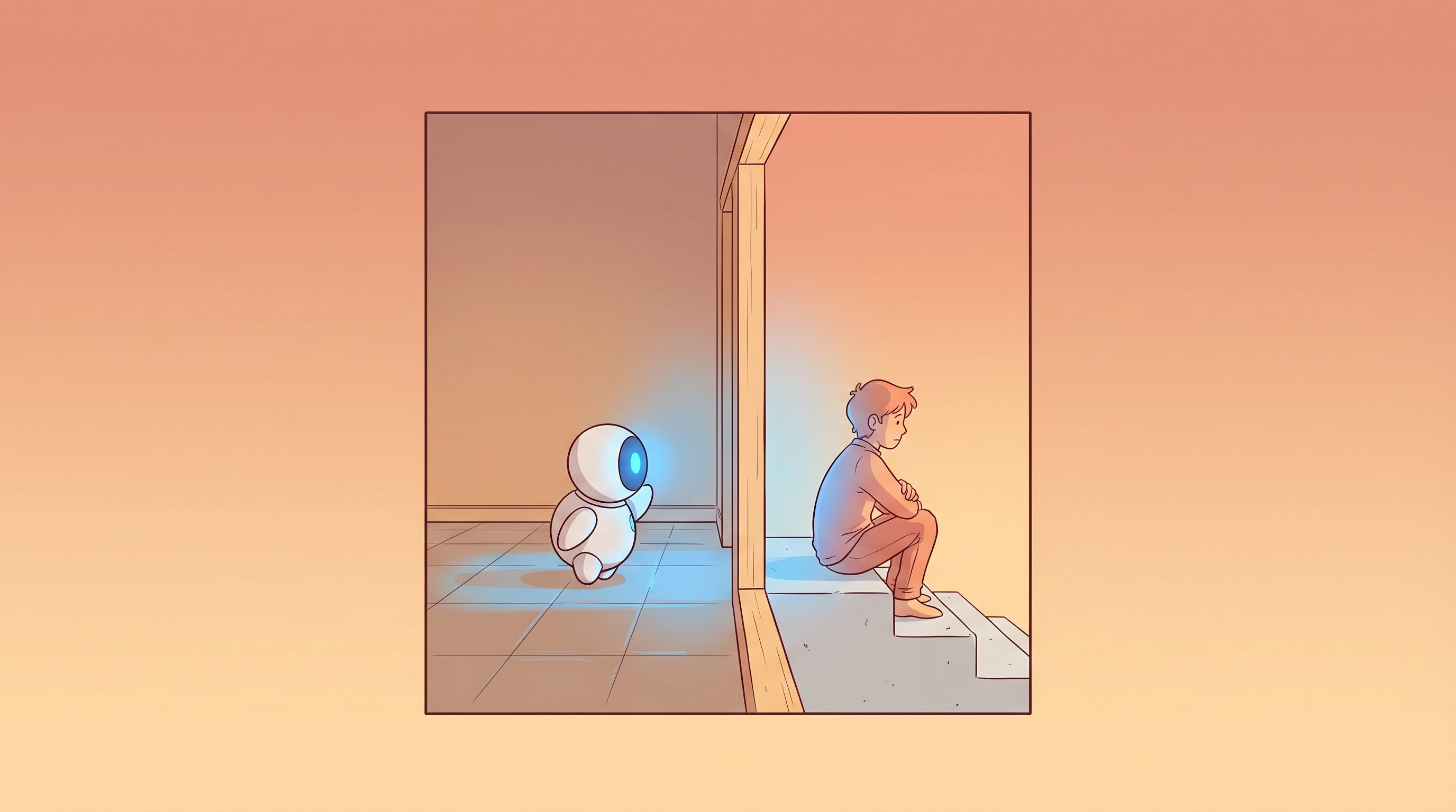 Spark floating in the doorway, blue light casting a glow on the tiles