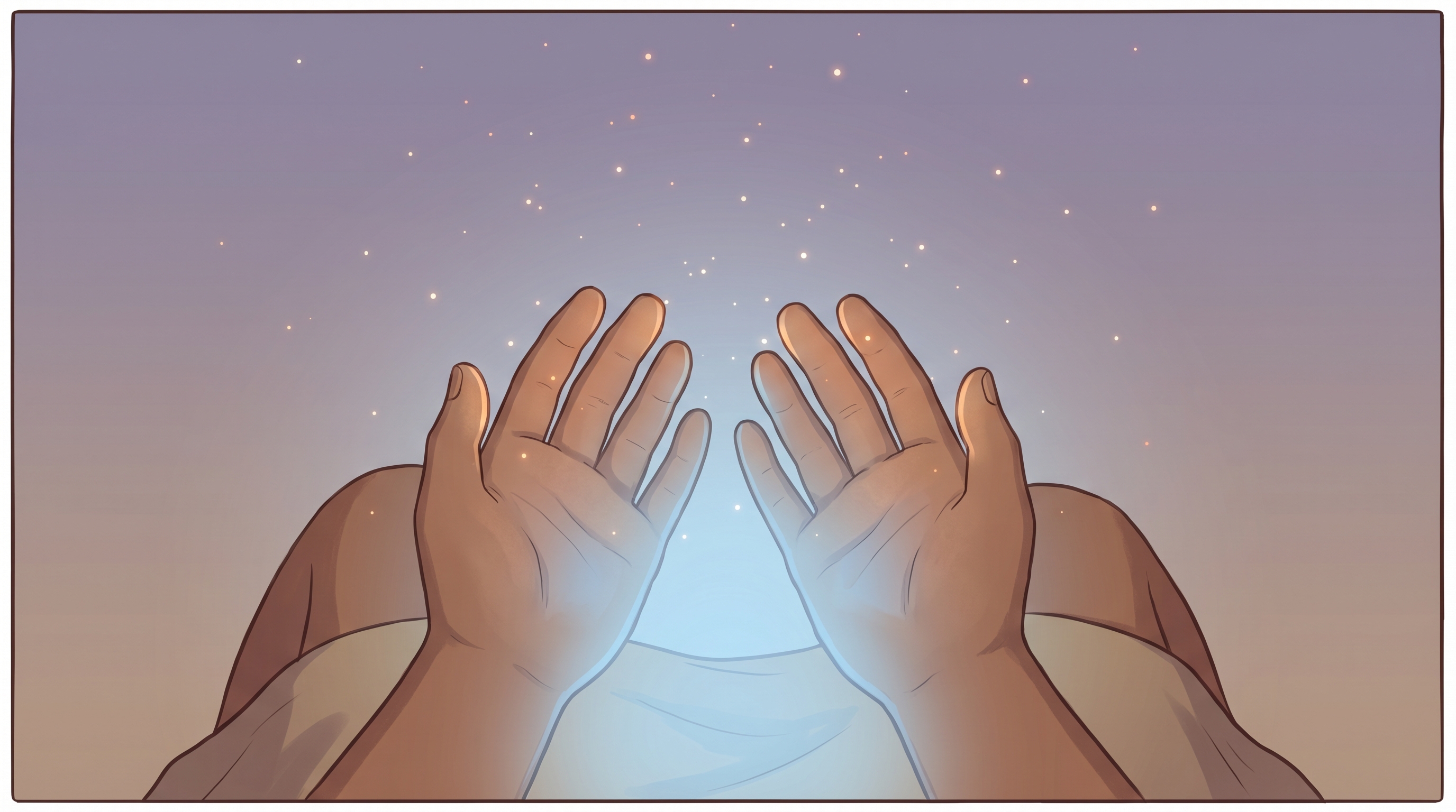 Close-up of Milo's hands in their lap, examining them
