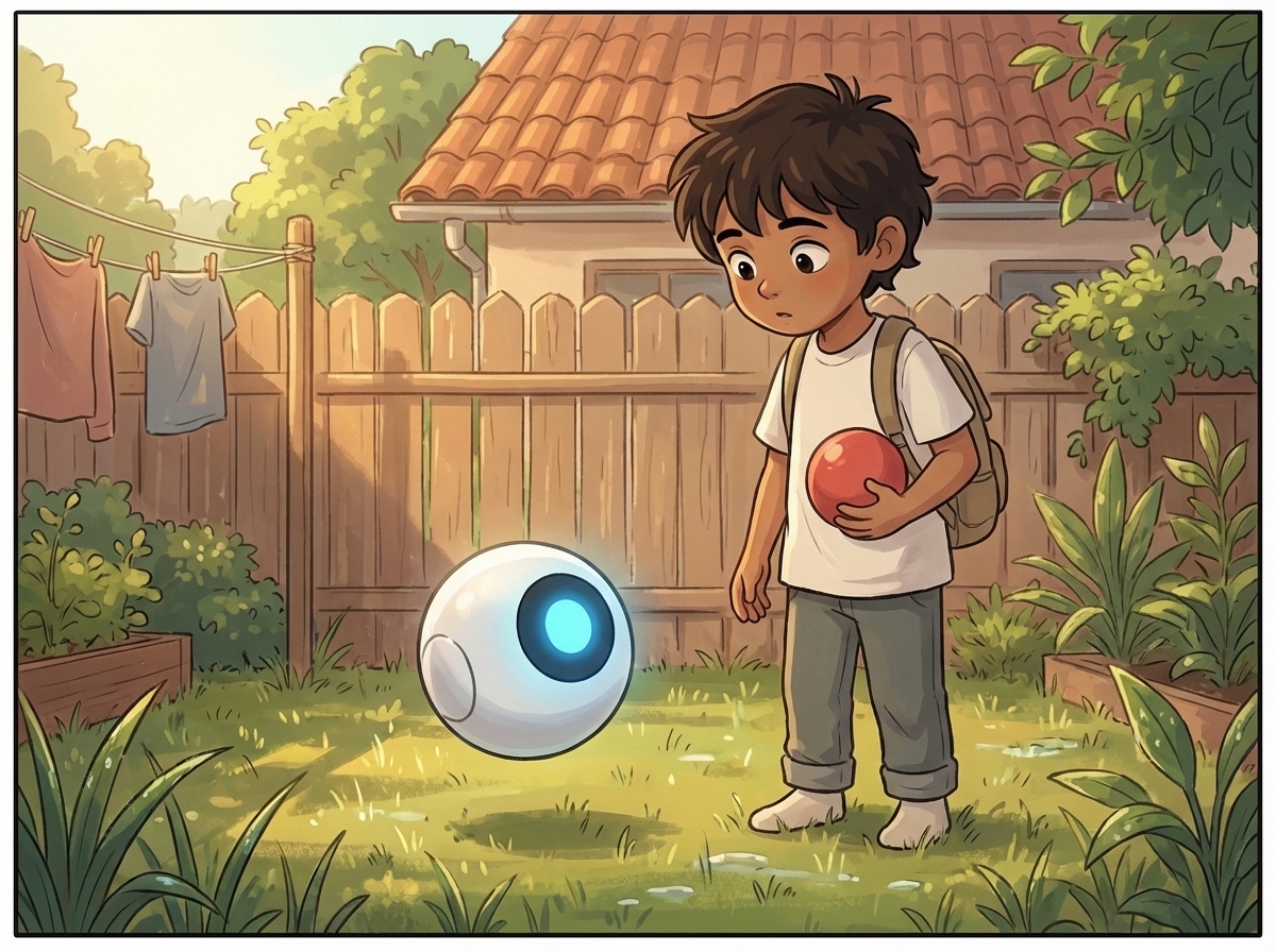 Milo standing in the garden with a red ball, looking at Spark