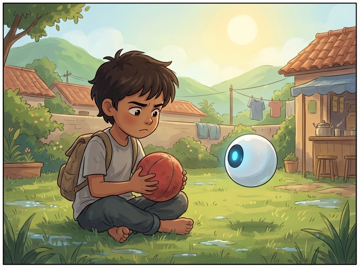 Milo sitting on wet grass, frustrated, while Spark hovers nearby unaware