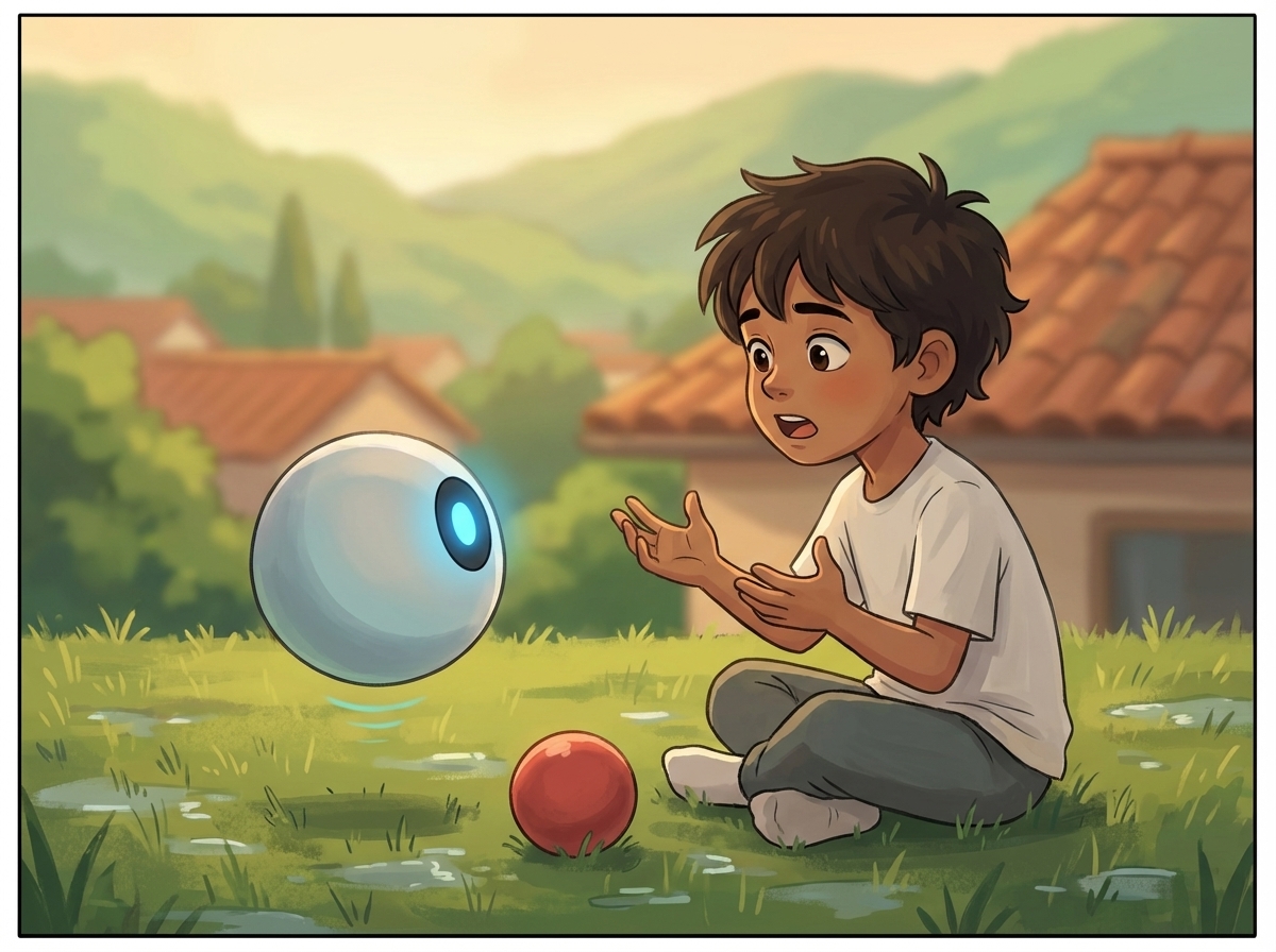 Milo and Spark on the grass, Milo explaining with hands