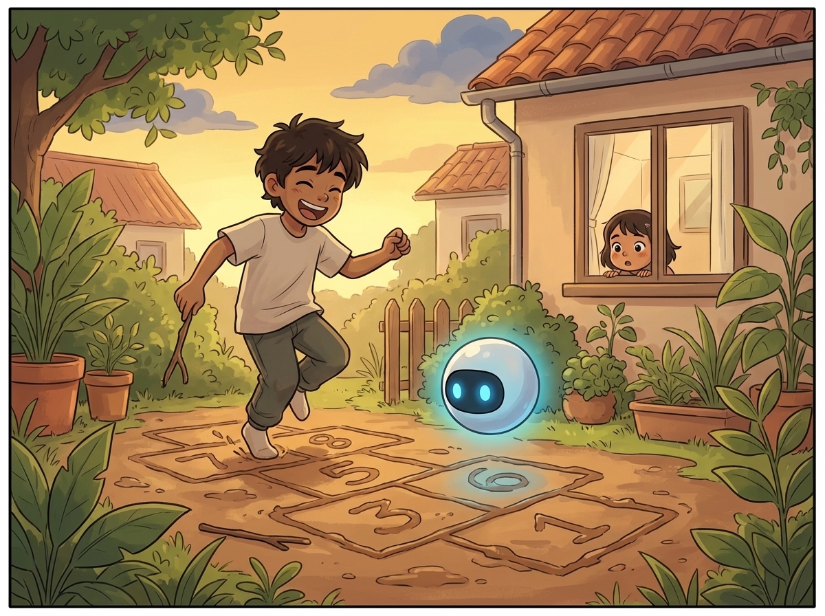 Milo hopping on a wobbly hopscotch grid, Spark watching, Tara at the window