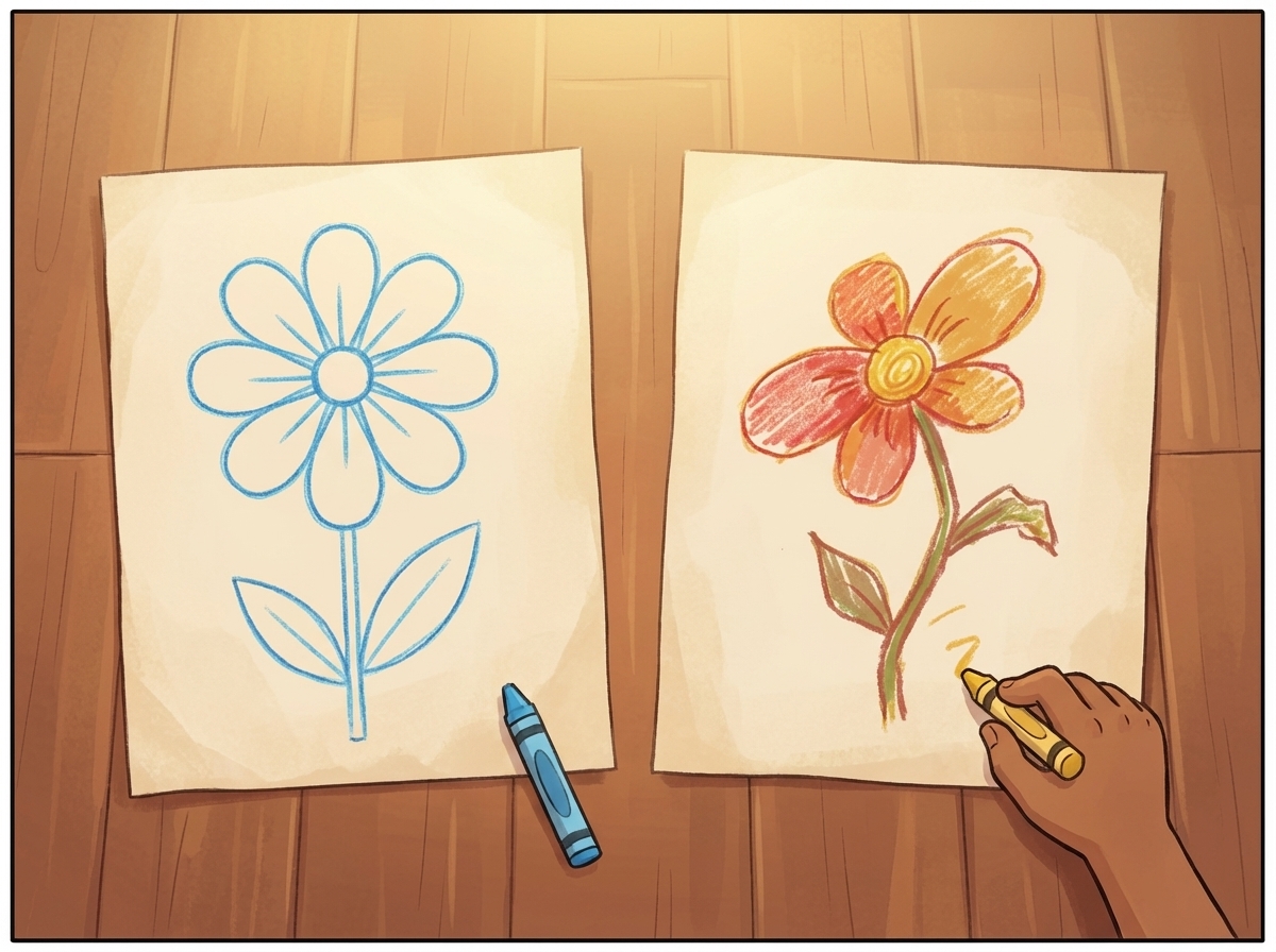 Two flowers drawn side by side — Spark's perfect one and Milo's lopsided, human one