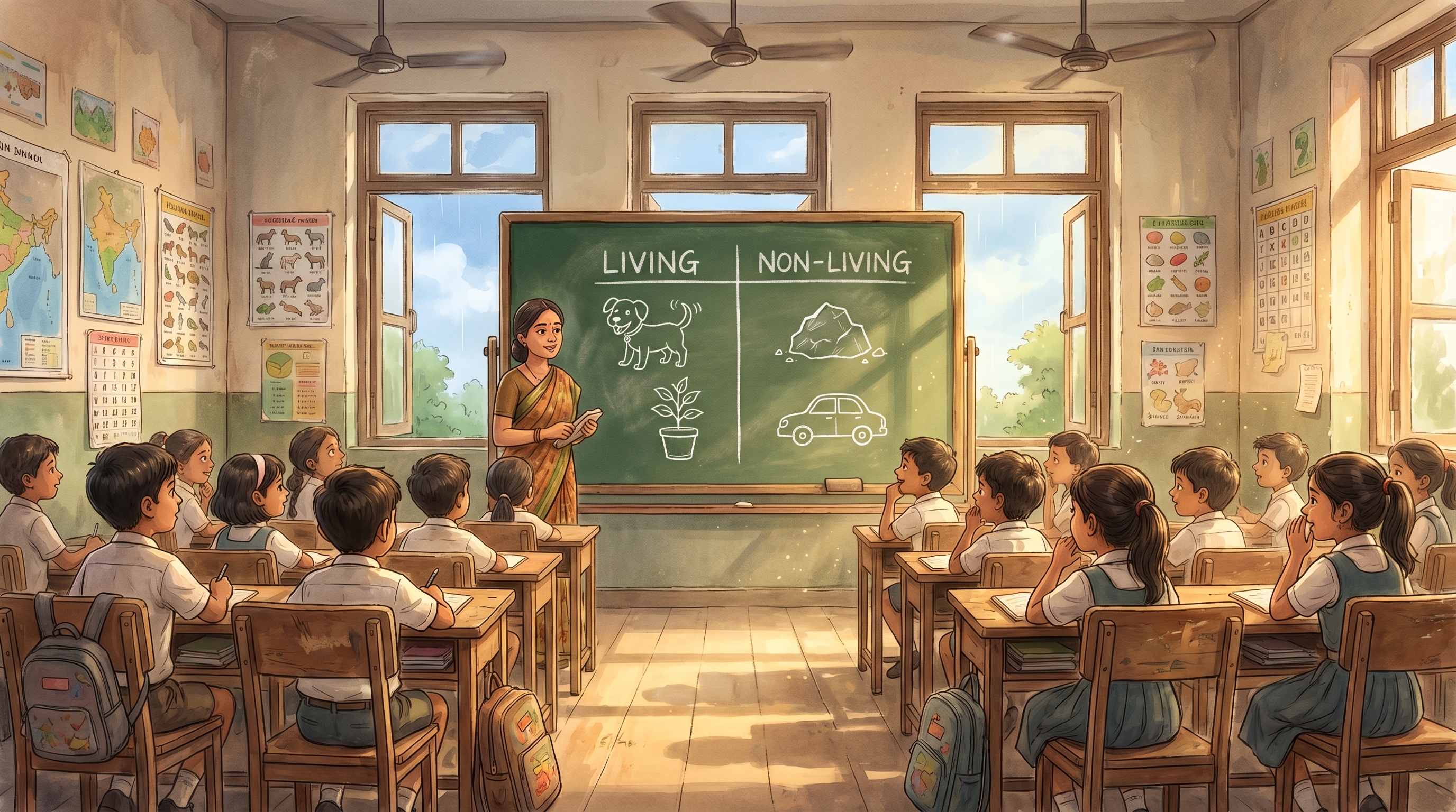 A warm Indian classroom with a chalkboard showing Living vs Non-Living