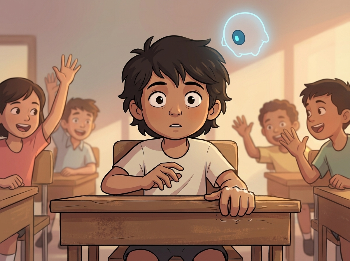 Milo frozen at their desk, eyes wide, thinking about Spark