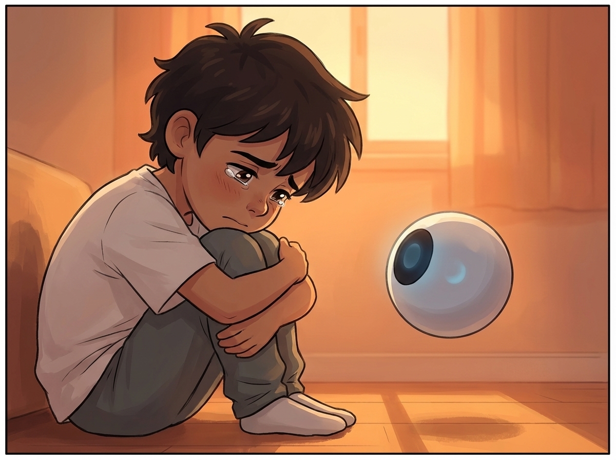 Milo pulling knees to chest, Spark's light dimming