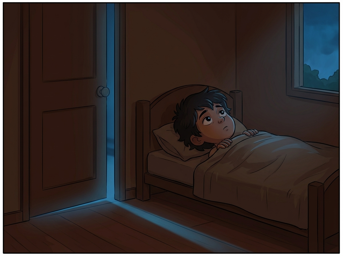 Milo in bed in the dark, blue glow from under the door