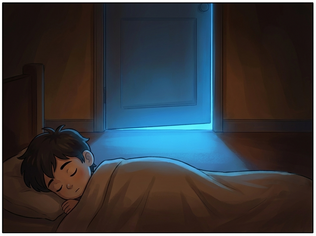Blue glow under the bedroom door. Milo's form under the blanket, turned toward the light.