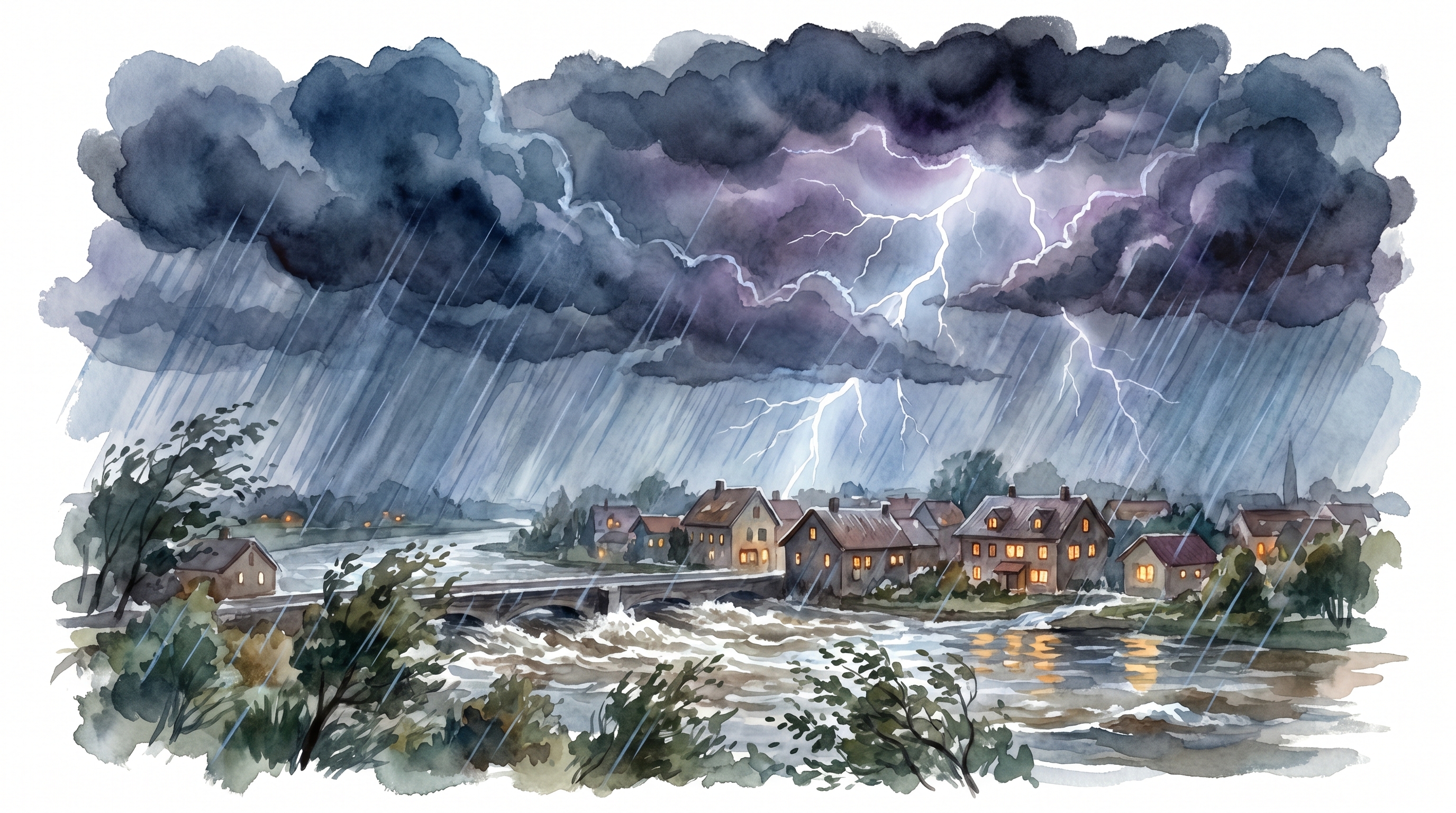 Willowbrook at dusk under a monstrous monsoon storm, lightning splitting the sky, one window glowing Spark blue