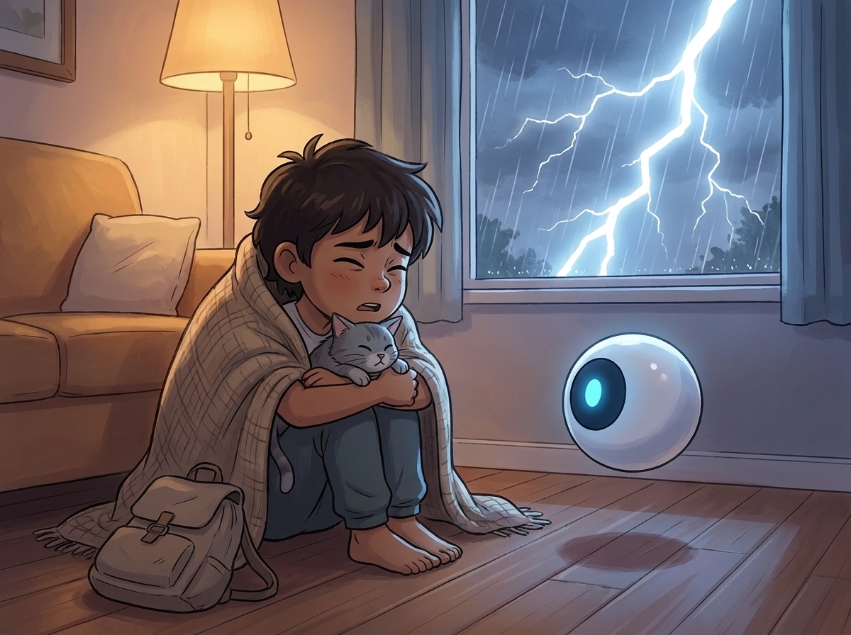 Milo huddled under a blanket with Whiskers, counting, as Spark hovers calm and steady nearby