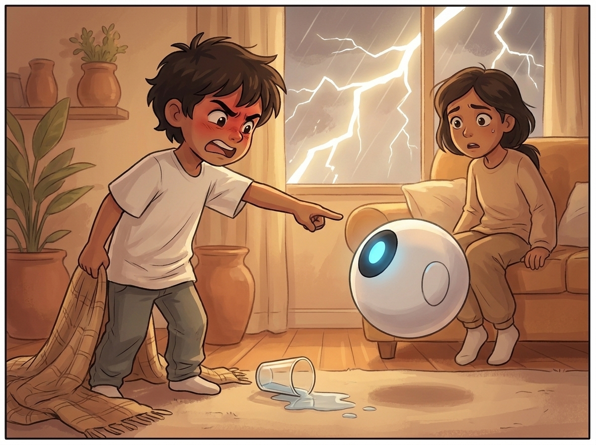 Milo on their feet, blanket fallen, pointing at Spark in fear-turned-to-anger as Spark stays calm