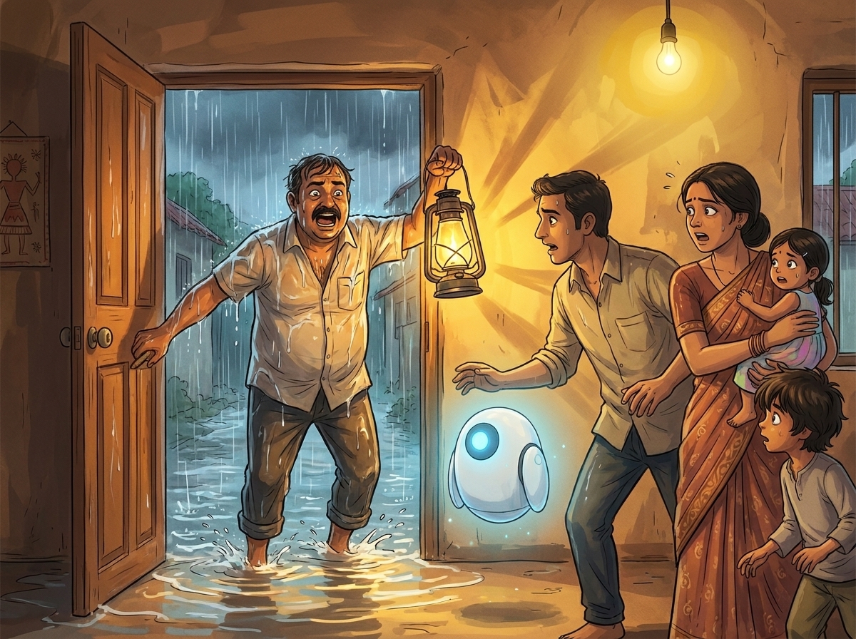 Pillai the auto-rickshaw driver soaked at the flung-open door, lantern swinging, rising floodwater behind him