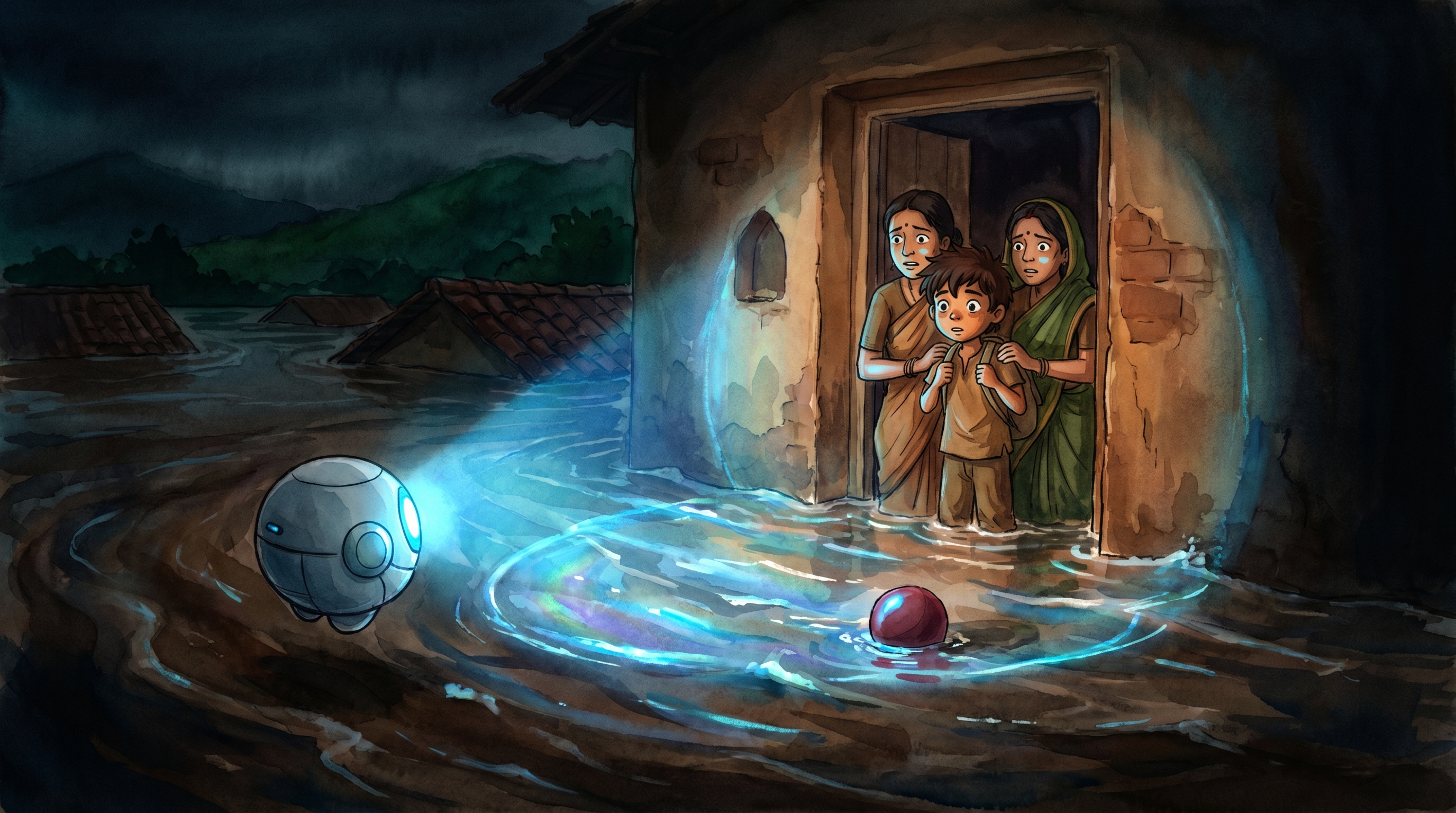 Total blackout flood, Spark's blue glow the only light, illuminating rushing water and the frightened family