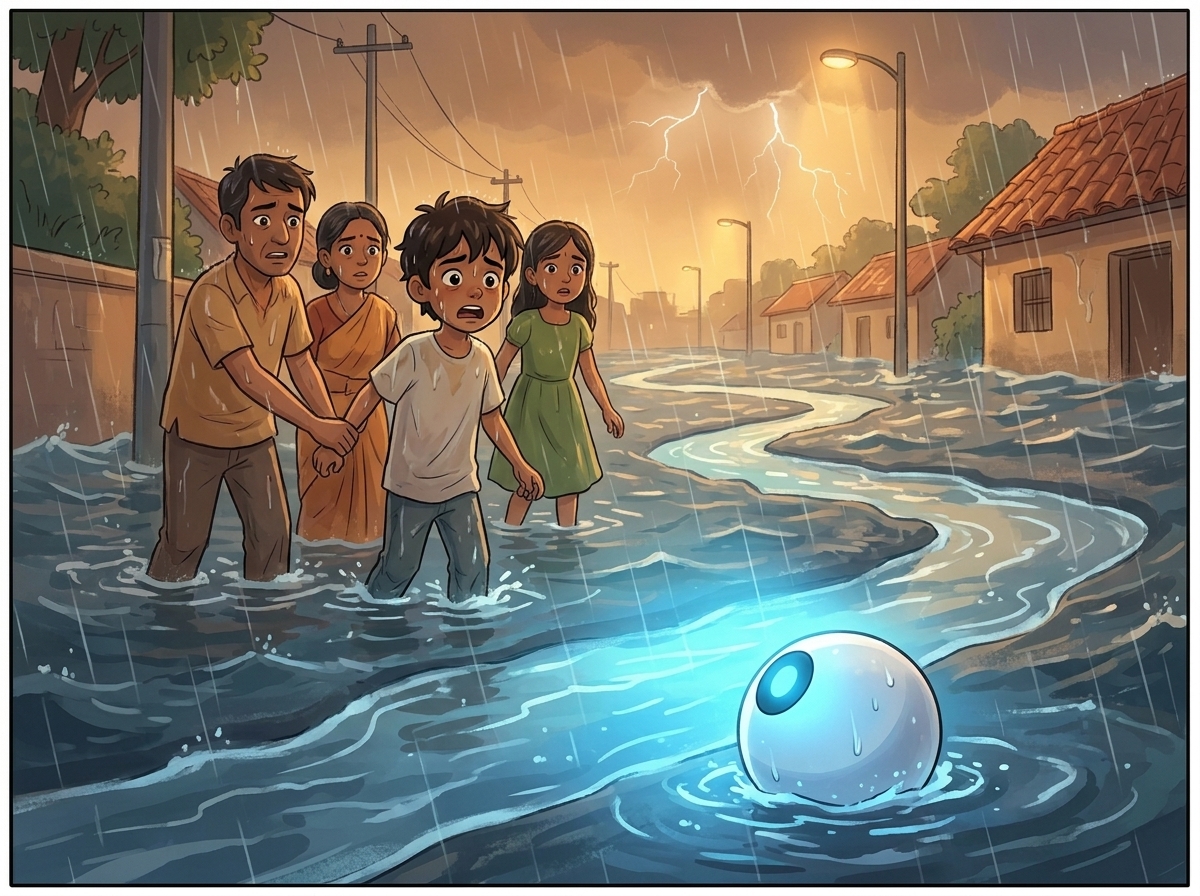 Spark floats ahead lighting a narrow safe path through black floodwater as Milo and the family wade behind