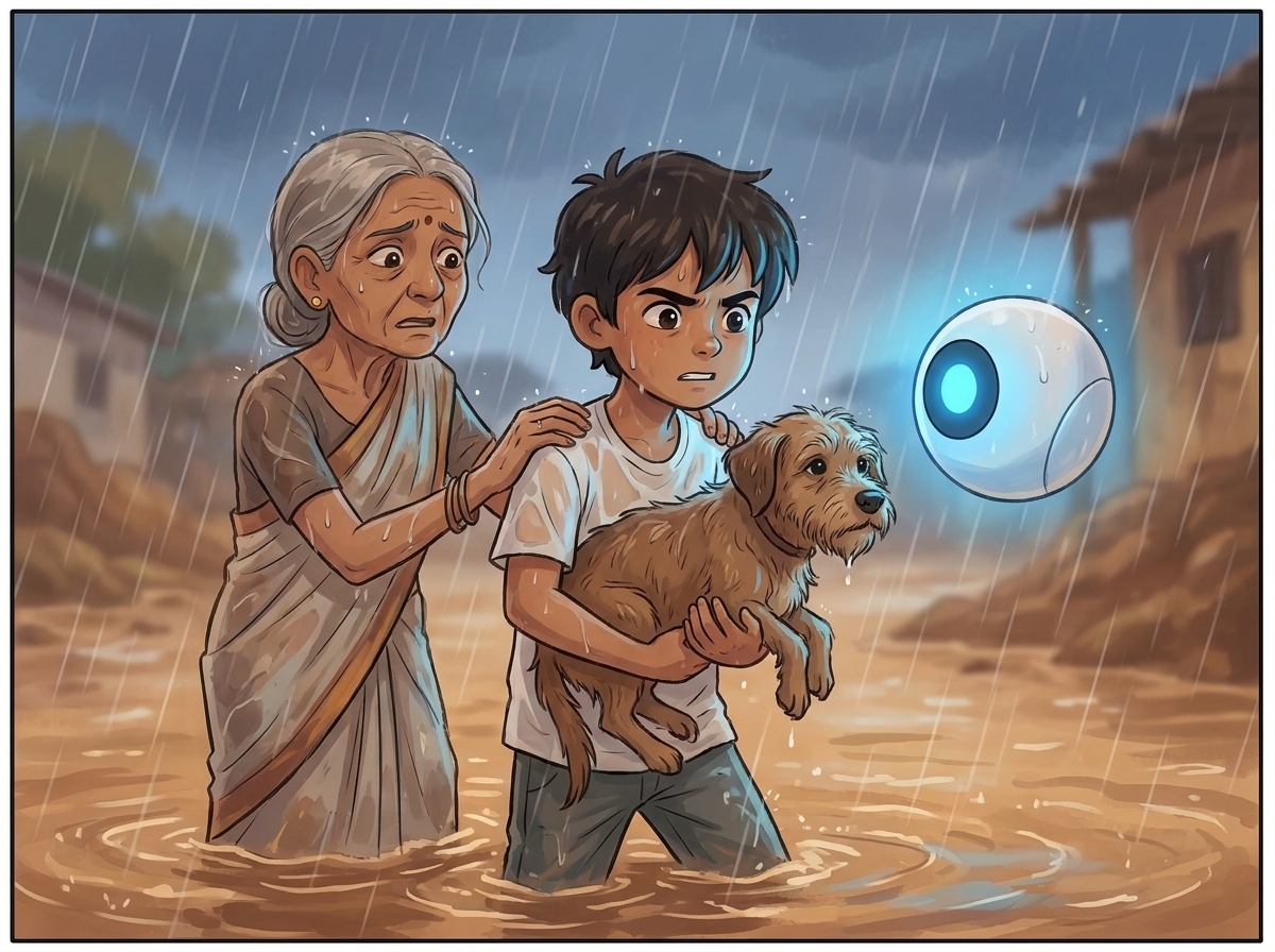 Milo cradling Bondi the old dog through the storm, Mrs. Kamala's hand on their shoulder, Spark lighting the way