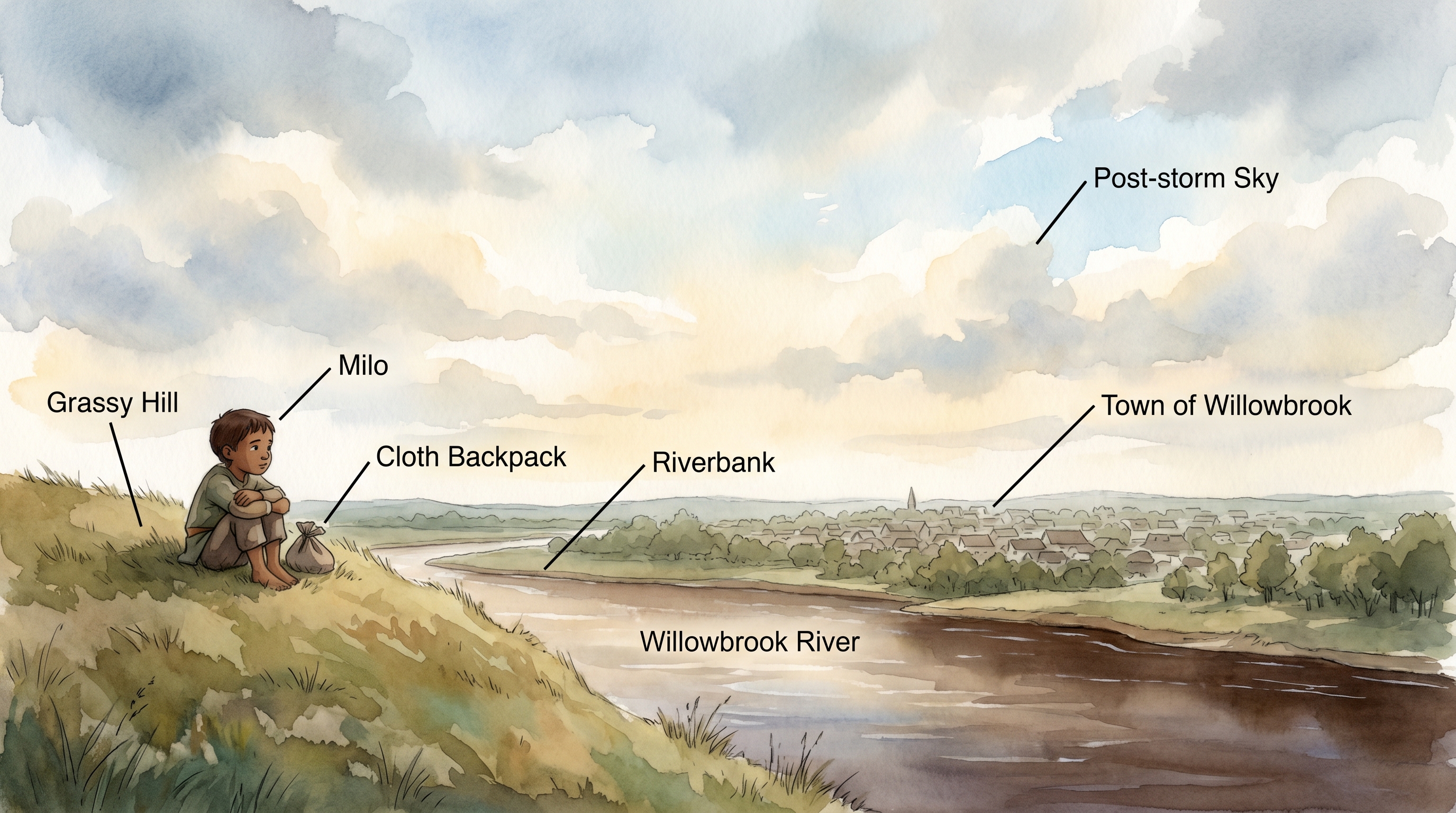Milo sits alone on the grassy hill above Willowbrook the morning after the flood, the swollen brown river glinting below