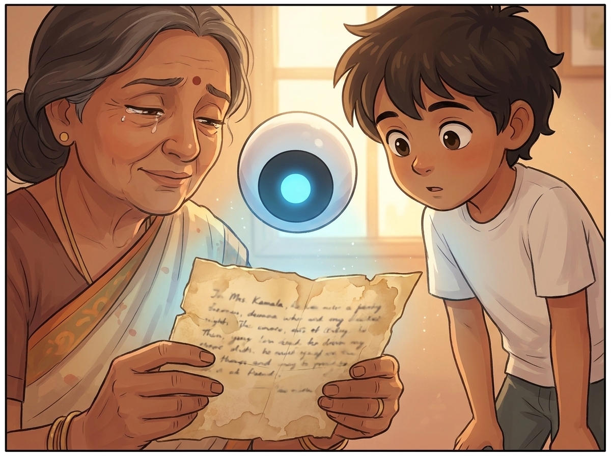 Spark's blue light falls across an old water-stained handwritten recipe as Mrs. Kamala squints at her late husband's faded writing