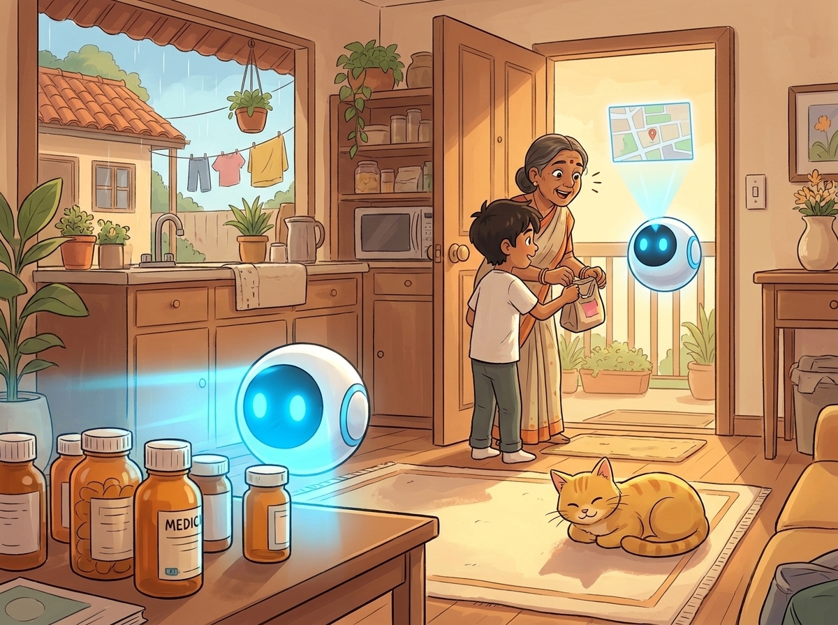 A montage of Spark helping Mrs. Kamala — lighting the way to the clinic and standing guard beside her labelled medicine bottles