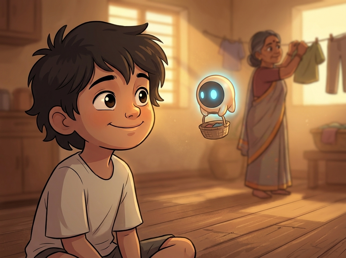 A close-up of Milo's face glowing with pride, eyes shining, as Spark helps Mrs. Kamala in the soft-focus background