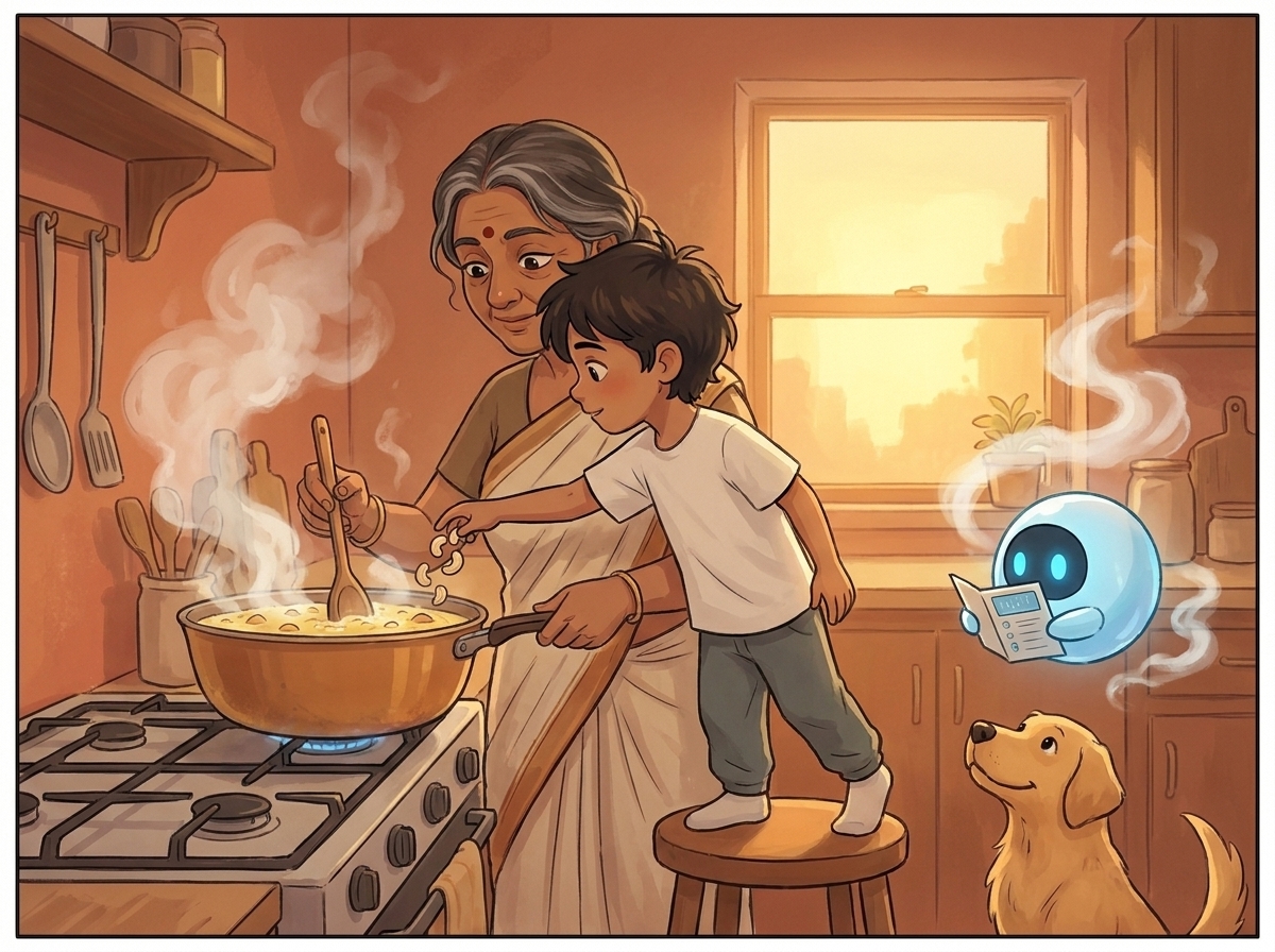 The warm, steamy kitchen as Mrs. Kamala stirs the golden payasam and Milo drops in cashews, Spark hovering just outside the warmth