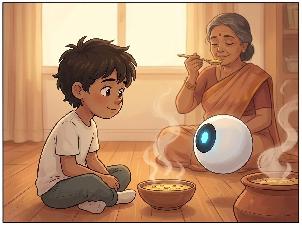 A quiet moment — Mrs. Kamala lost in memory with the spoon at her lips, while Milo looks at Spark with dawning, gentle understanding