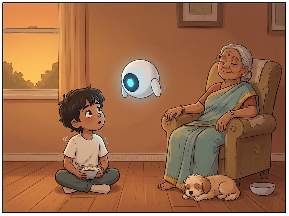 Evening light fading to amber. Milo sits on the floor with a bowl of payasam, looking up at Spark with wide eyes, Mrs. Kamala dozing in her chair