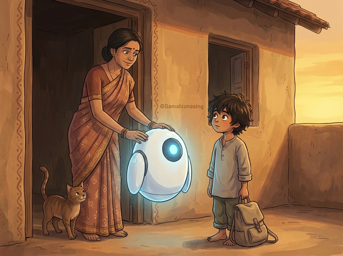 Mrs. Kamala in her doorway at golden hour, one hand on Spark and one on Milo's head, Bondi leaning against her leg, sharing a gentle truth