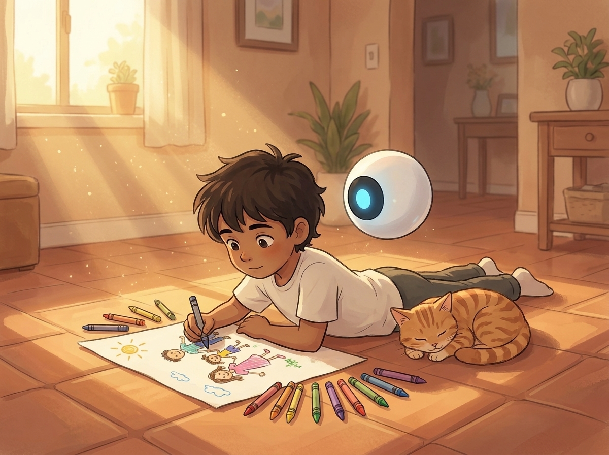 Milo lying on the living room floor drawing their family in golden afternoon light, Spark hovering nearby