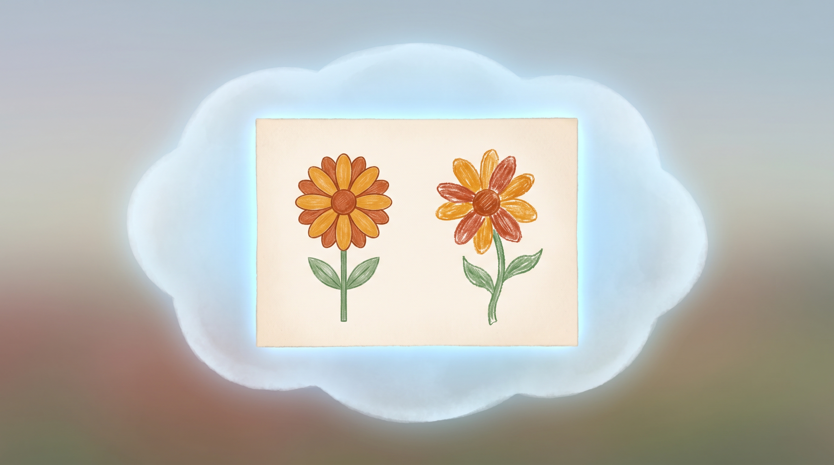 A dreamlike memory of two crayon flowers — Spark's perfect one and Milo's lopsided one