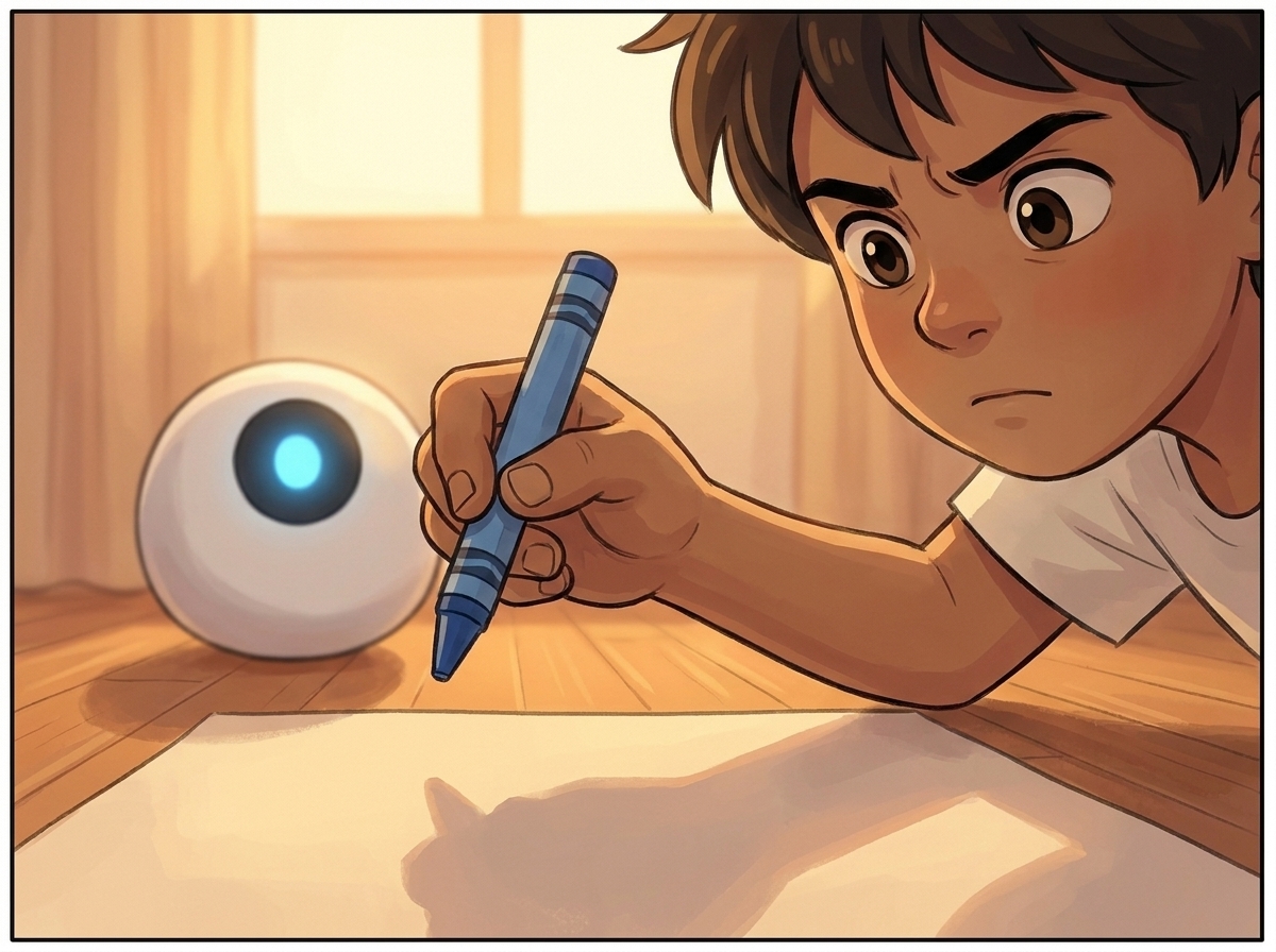 Extreme close-up of Milo's hand holding a blue crayon hovering over an empty patch of paper