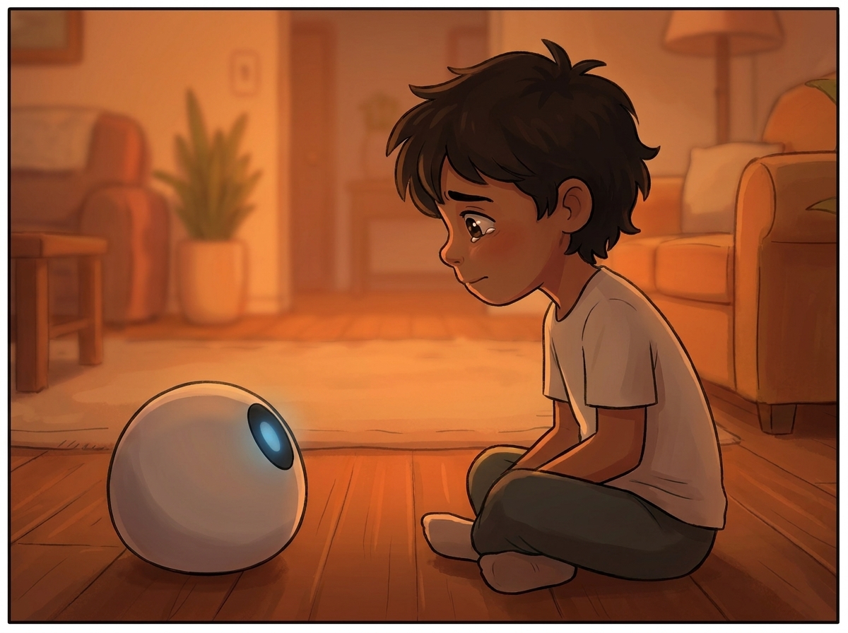 Milo and Spark face to face at floor level, Spark's blue light soft and uncertain in the warm evening glow