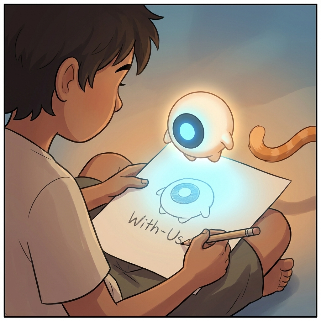 Milo's hand writing the wobbly label 'With-Us' beneath the small blue-lit Spark shape
