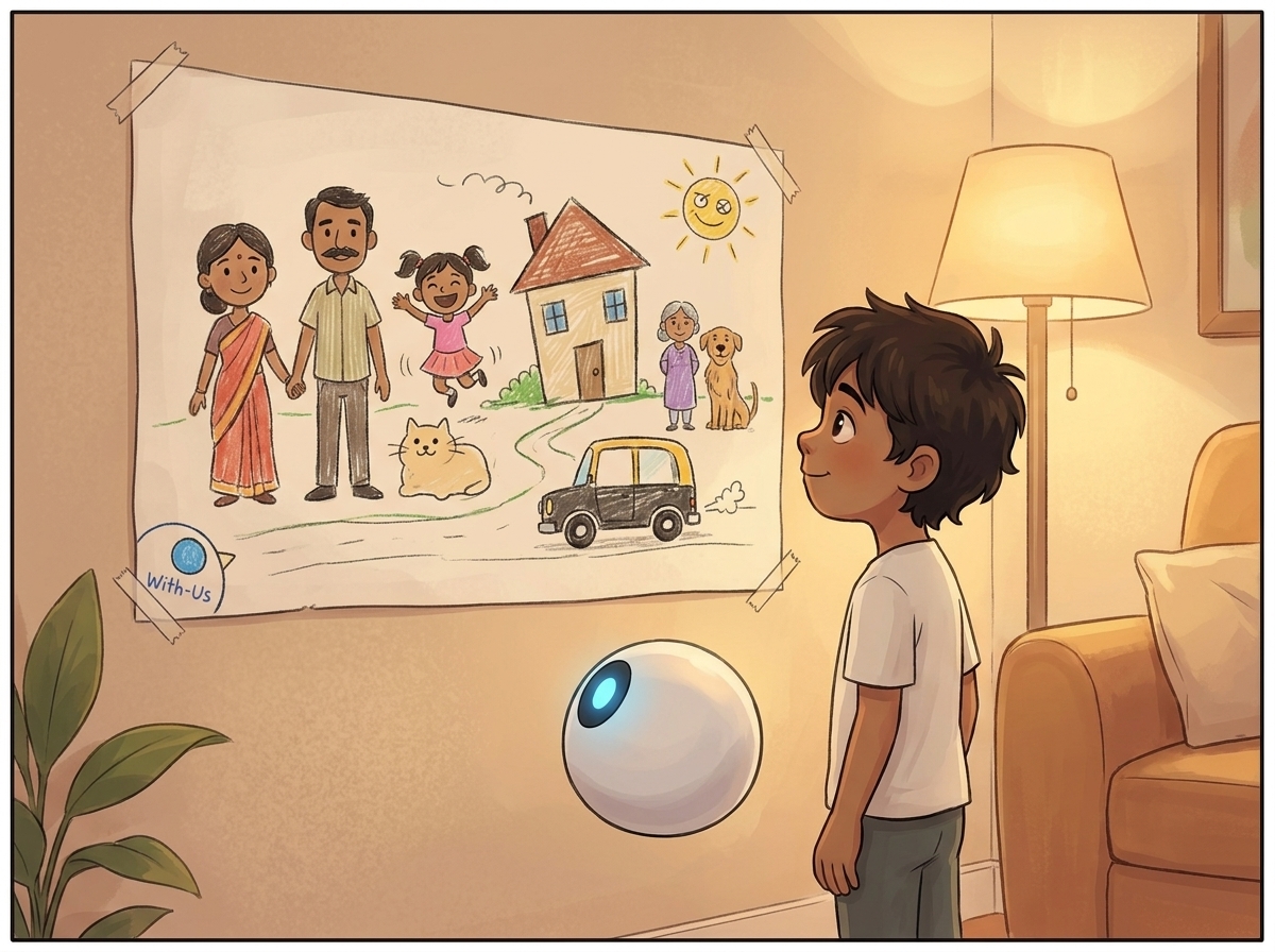 The finished family drawing taped to the wall, the small blue-lit shape labelled 'With-Us' at its edge, Milo and Spark looking up at it