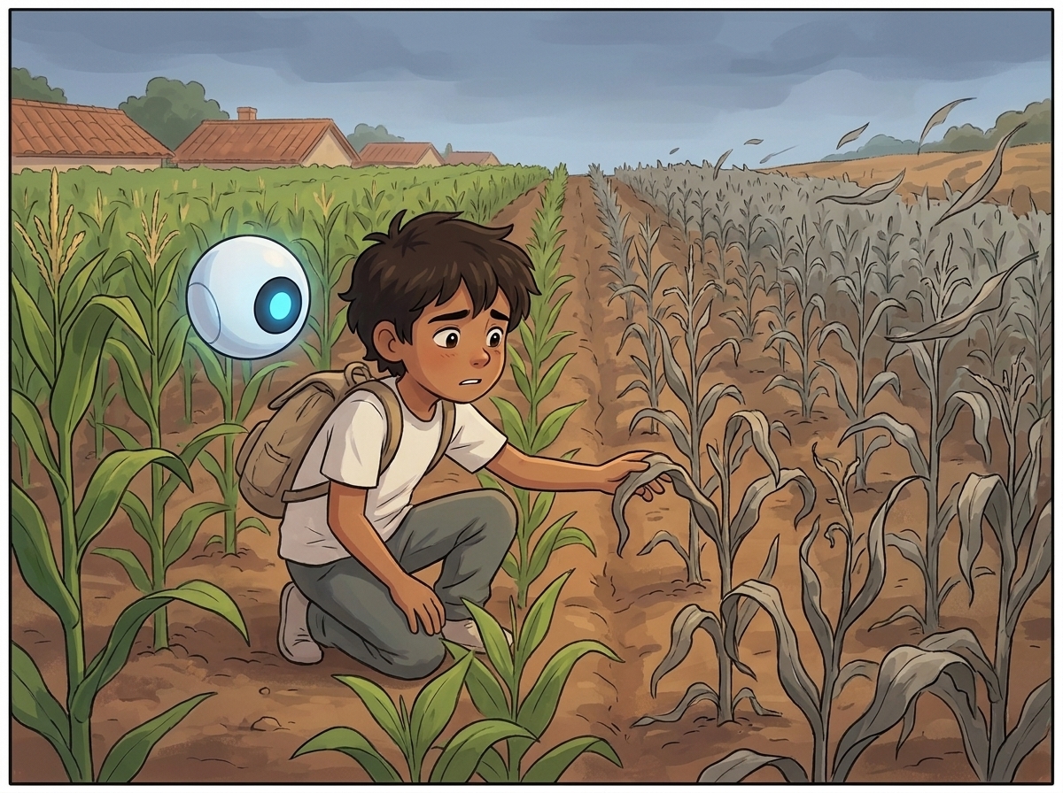 Crop rows where the green plants turn to ash-grey, the rot spreading toward the ridge, Milo crouched at the boundary