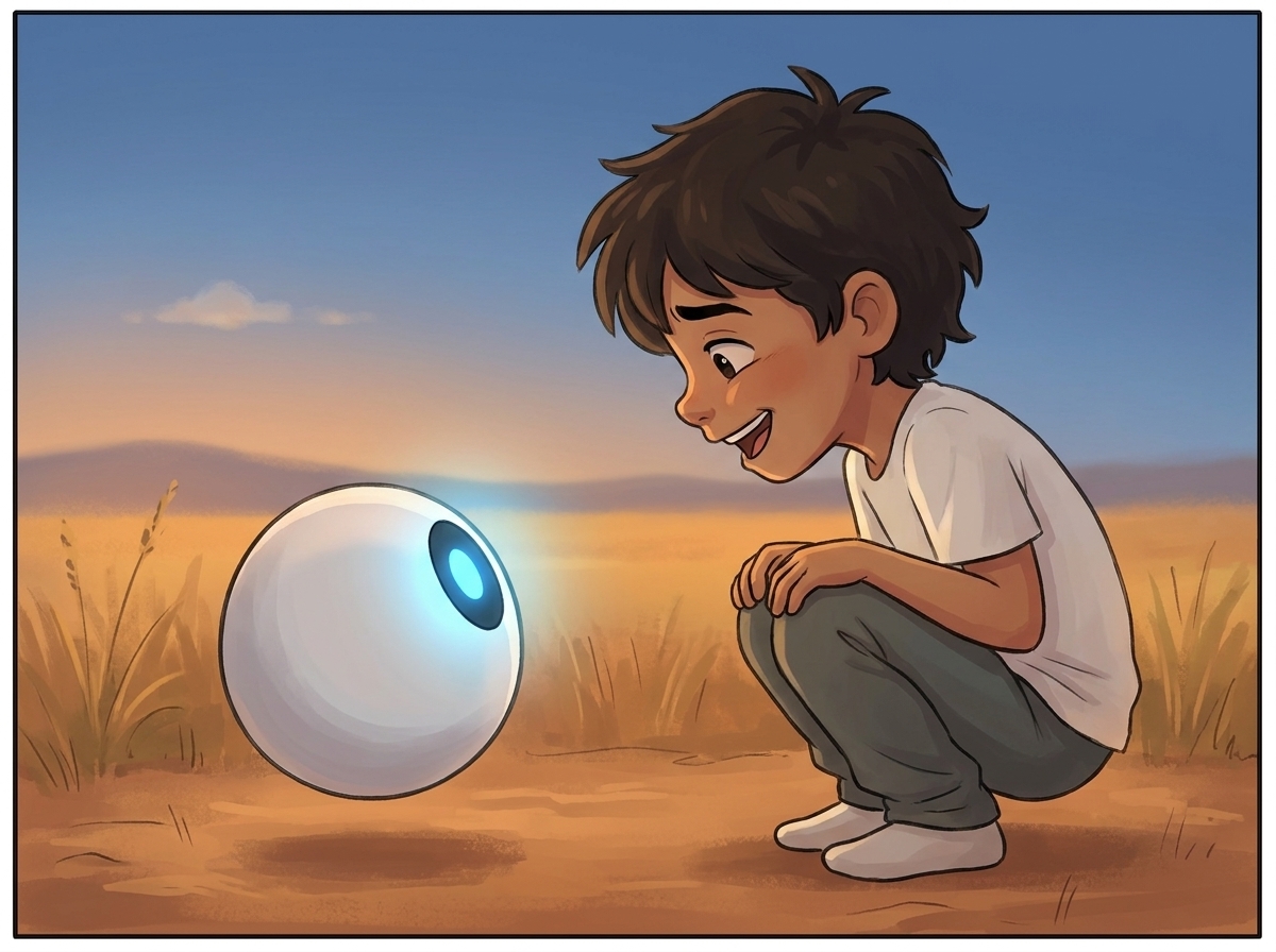 Milo crouched eye-to-light with Spark in the field, half-laughing, half-unsettled, under an almost cloudless sky