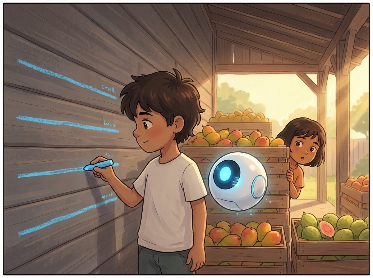 Milo draws bright blue chalk lines on the weathered shed wall while Spark hovers and dictates, Tara peeking from behind a crate of guavas