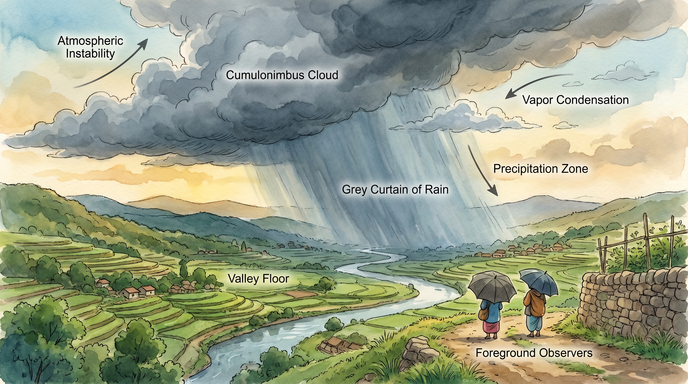 The first rain sweeps up the valley in a grey curtain toward the ridge, tiny figures of Milo and Tara running for the shed