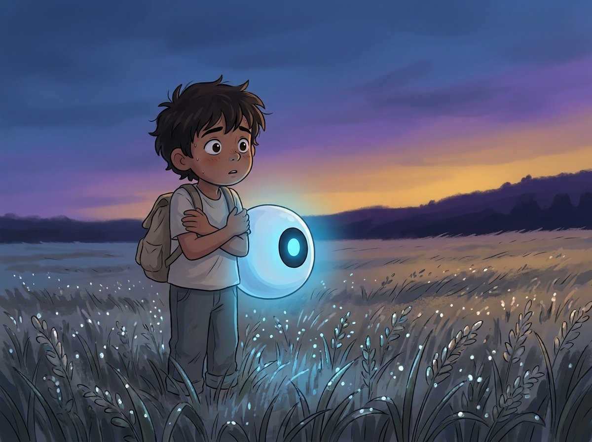 Milo stands very still at the grey-and-green boundary at dusk, arms wrapped around themself, Spark glowing calm beside them against a violet sky