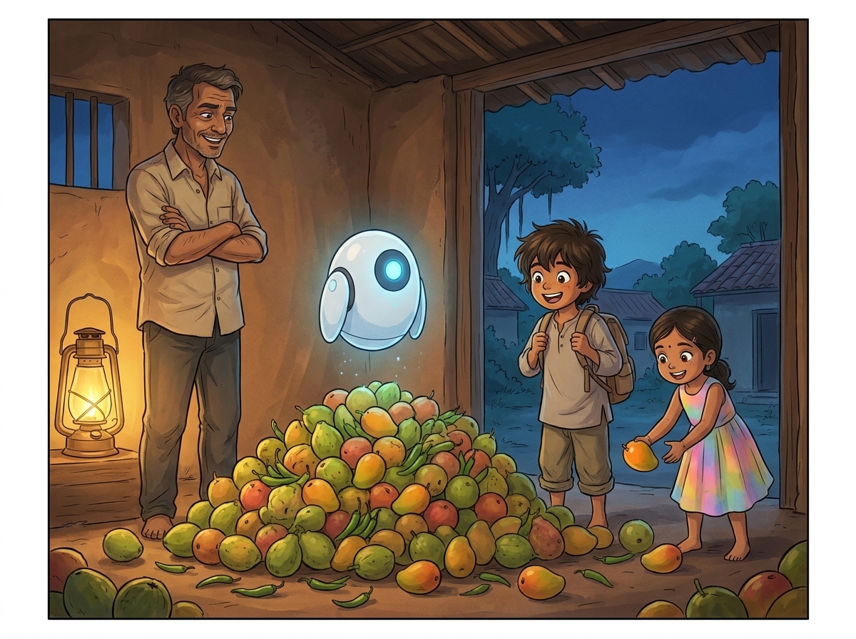 A huge mound of mixed fruit dumped on the lantern-lit shed floor, Uncle Arjun grinning with arms folded, Spark hovering calmly over the heap