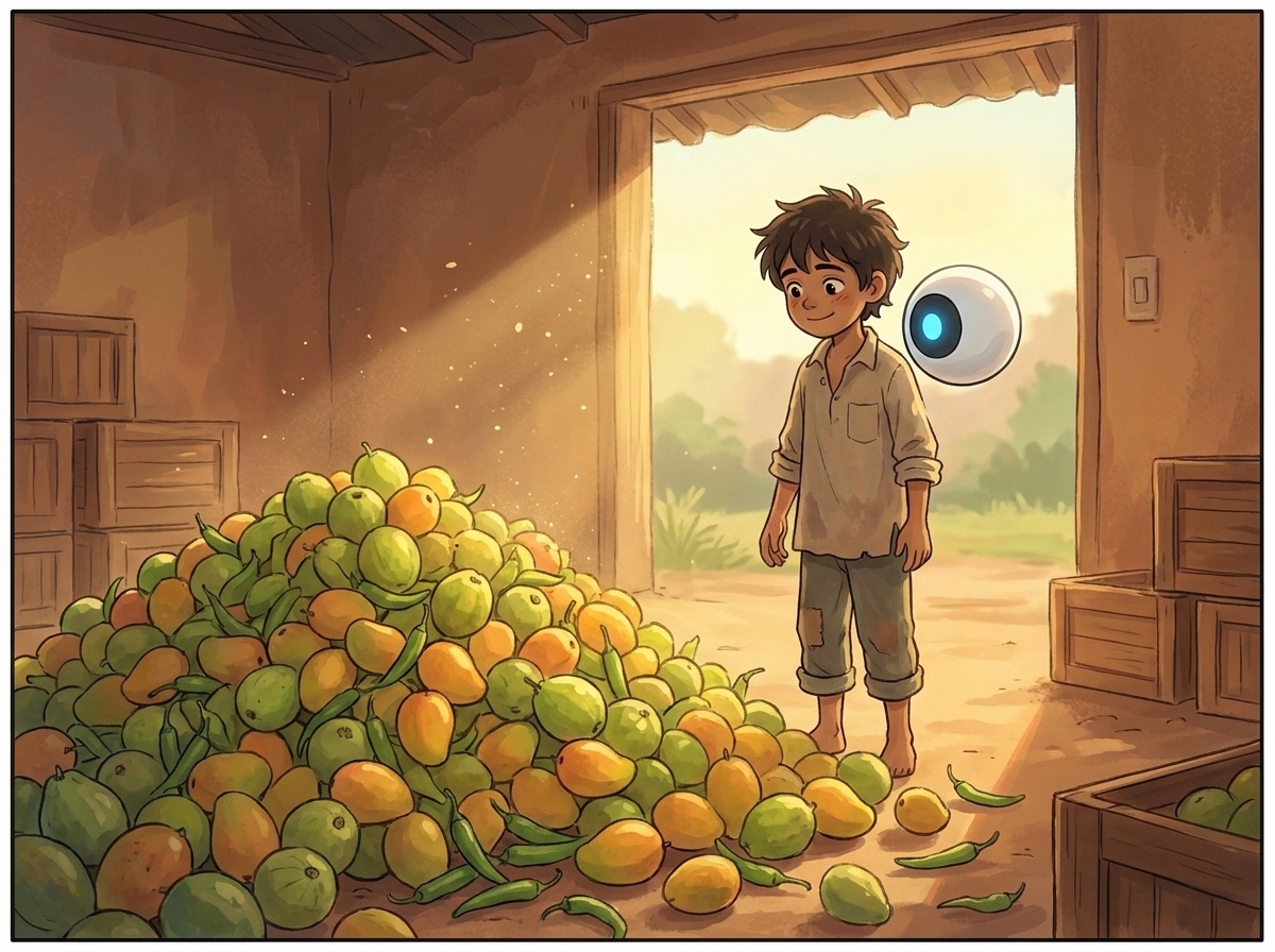 Dawn inside Uncle Arjun's open-sided sorting shed, a huge mountain of mixed fruit on the floor, Milo and Spark beside it